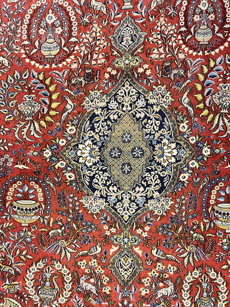 Wonderful Persian Qum Rug 10x14, Wool w/ Silk Highlights, Hand Knotted Semi Antique Vintage Carpet, Red, Floral, Fine Weave, Birds Deer Pictorials by Jewel Rugs