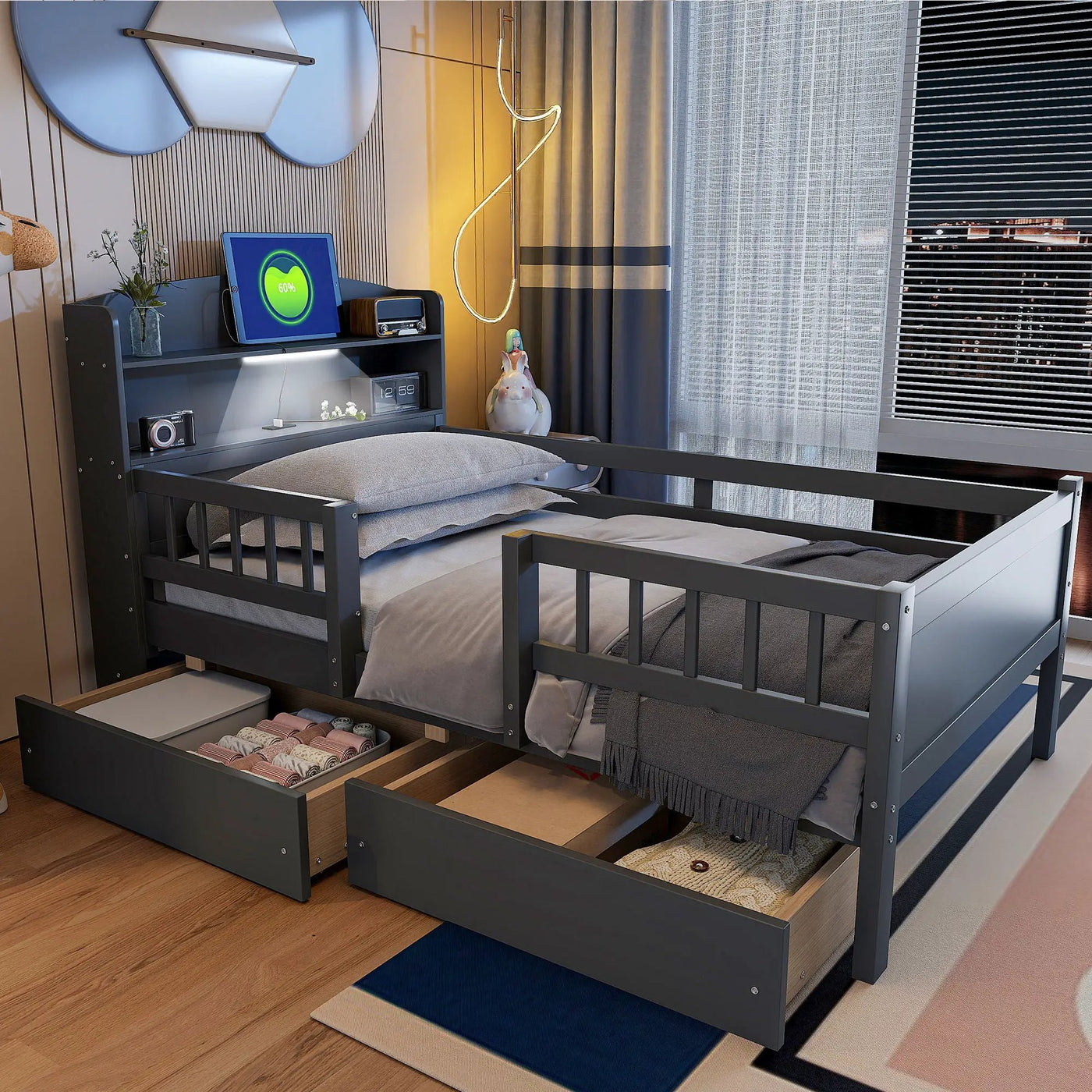 Platform Bed With LED Light, Multi Functional Headboard, Guardrail And 2 Drawers by HouseOfZazla