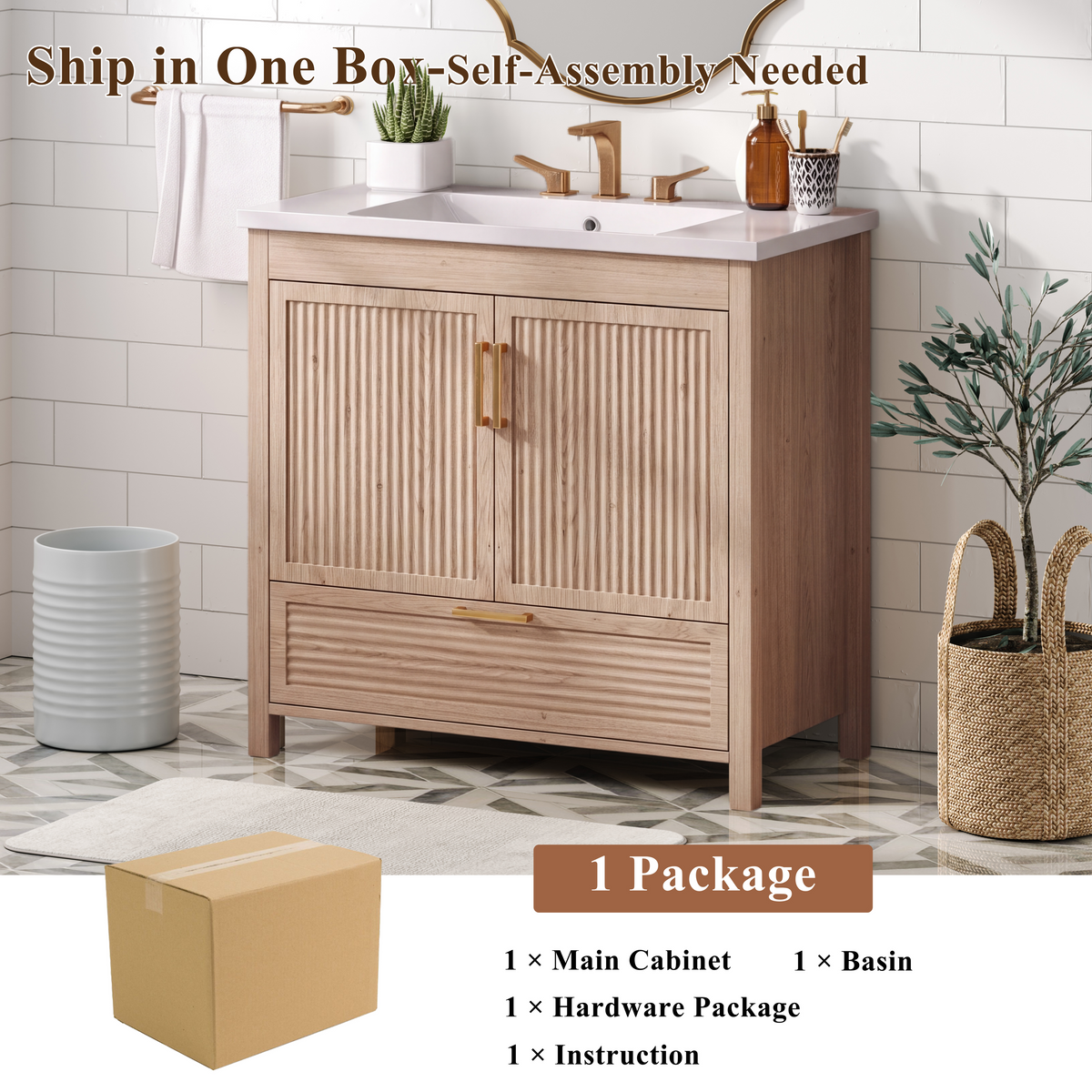 36 Inch Bathroom Vanity with Wave Fluted Panels and Resin Sink - Light Oak, photo 6 of 6