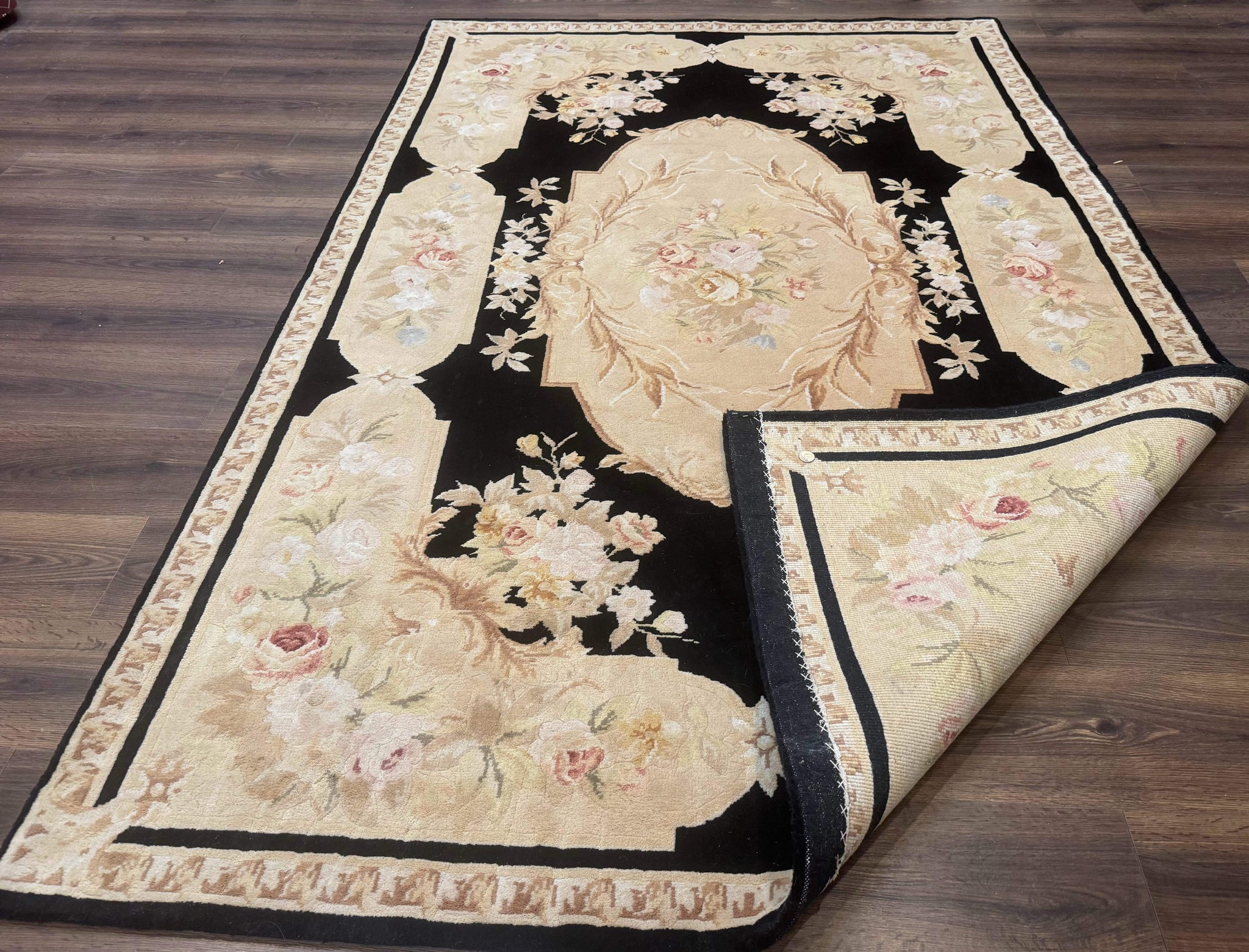 Chinese Aubusson Rug 6x9, Wool Pile, Black, Floral, Elegant by Jewel Rugs