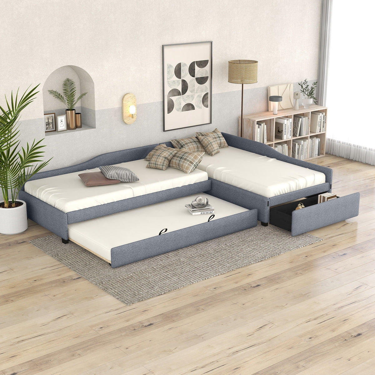 Upholstered Double Daybed with Trundle and Drawer - Twin Size, photo 9 of 33