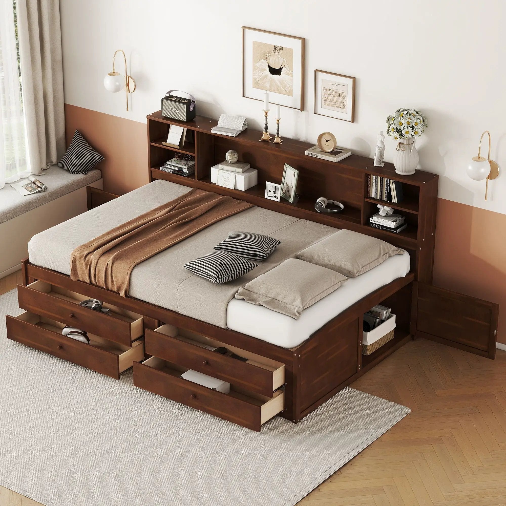 Full Size Captain Bed With Built In Storage Shelves, 4 Drawers And 2 Cabinets - Antique Brown by Unique Piece Furniture