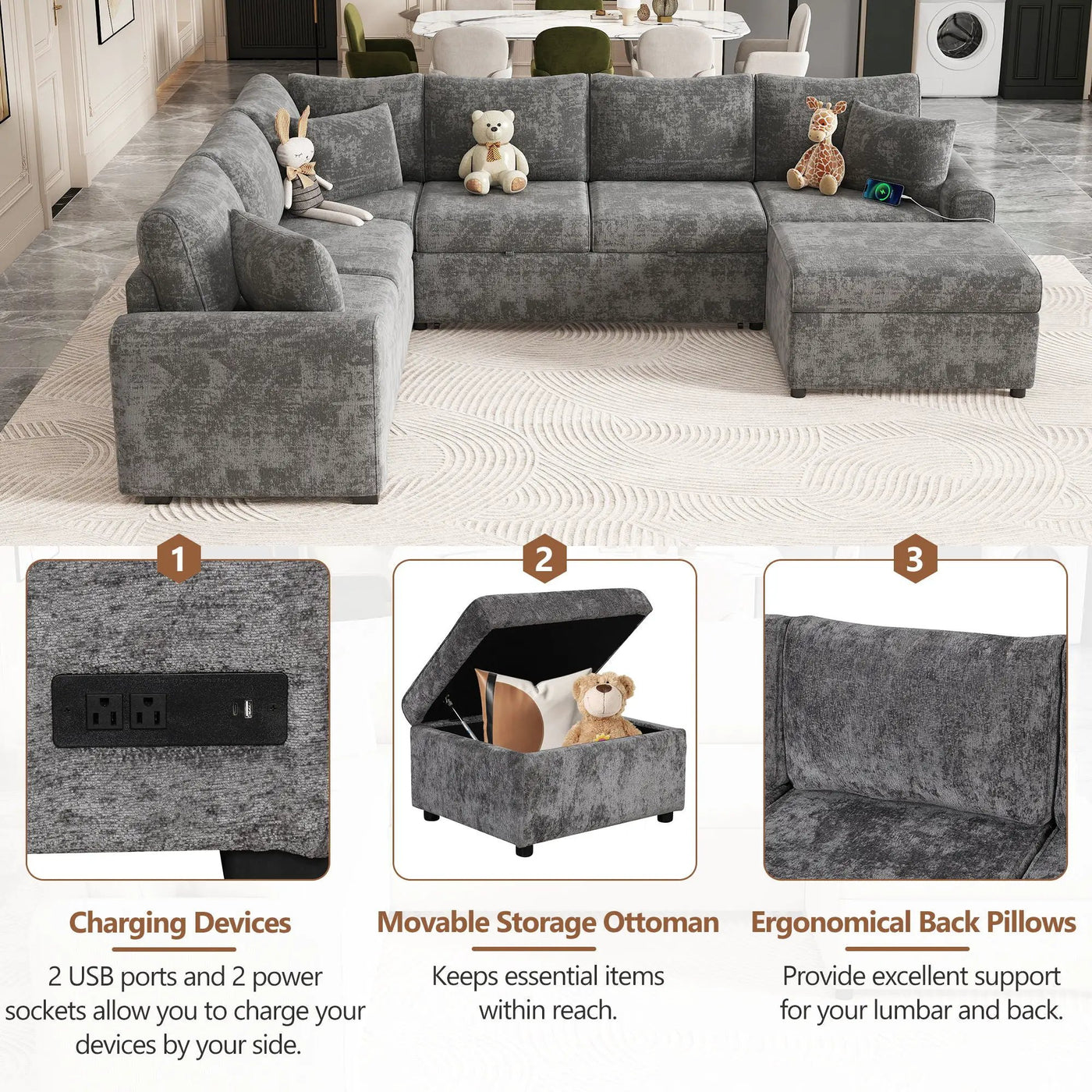 Sectional Sofa Pull-Out Sofa Bed Sleeper With A Storage Ottoman, Three Pillows And Charging Devices For Living Room by Unique Piece Furniture