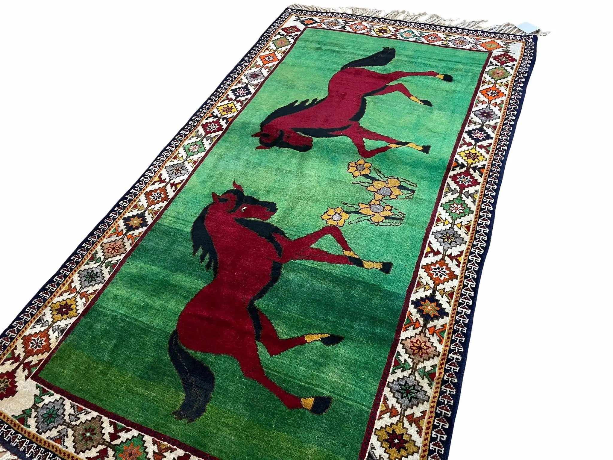 4 X 7 Handmade Rug Zagros Quality Wool Pictorial Horses Green Butterfly Colorful by Jewel Rugs