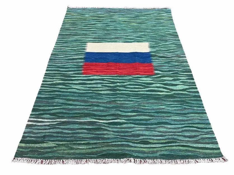 Sea Green Kilim Area Rug, White Blue Red Stripes, Russian Flag Rug, Flatweave Hand Knotted Carpet, Turkish Carpet, Wool, New, 5' 6" x 7' 10" by Jewel Rugs