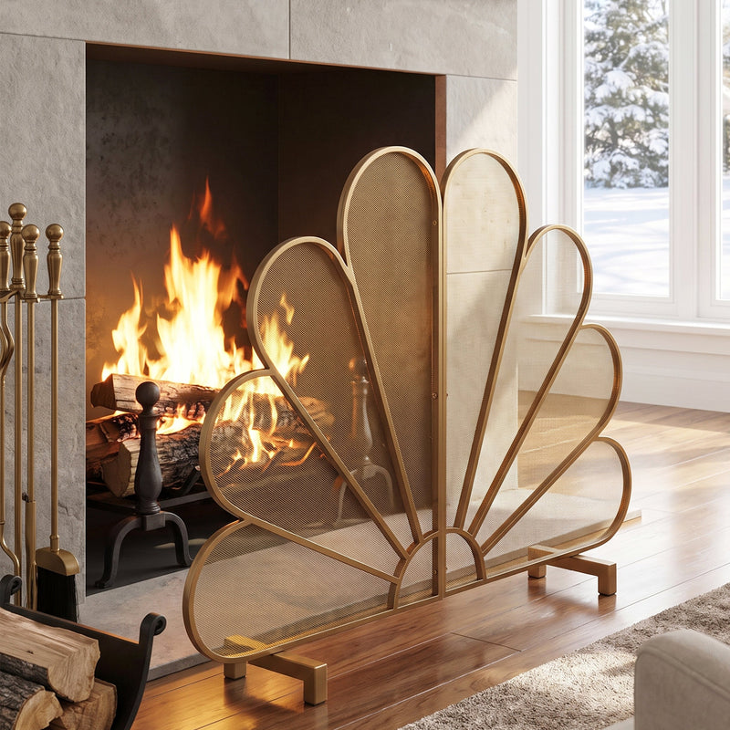Gold Fan-Shaped Fireplace Screen with Mesh Spark Barrier - Gold