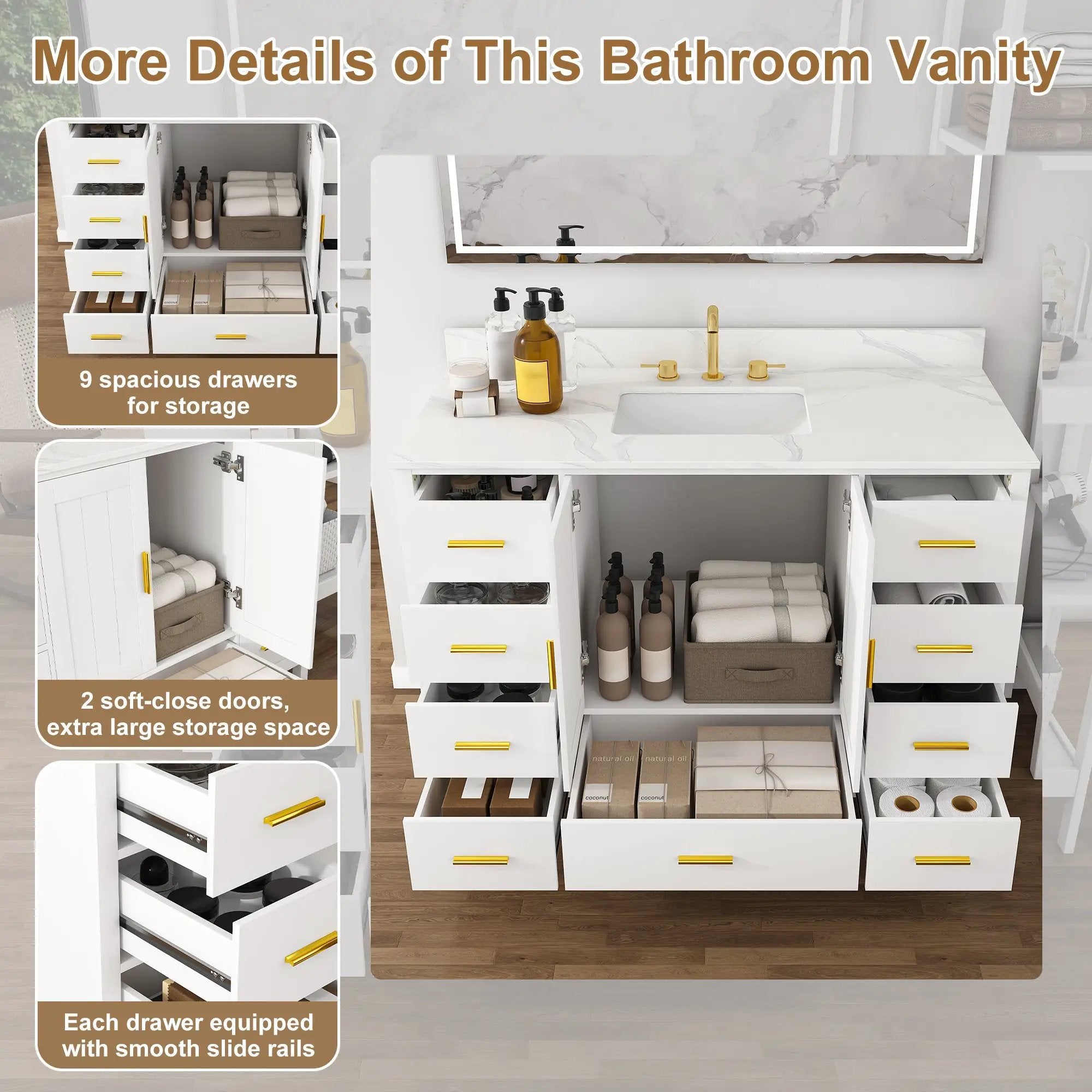 48" Modern Solid Wood Bathroom Vanity with Sink, 49" Carrara by HouseOfZazla
