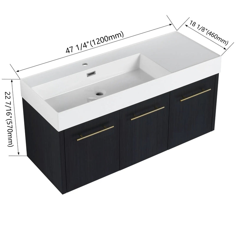 Contemporary 48" Wall Mounted Bathroom Vanity With Resin Sink And Soft Closing Doors And Line - Black Chestnut by HouseOfZazla