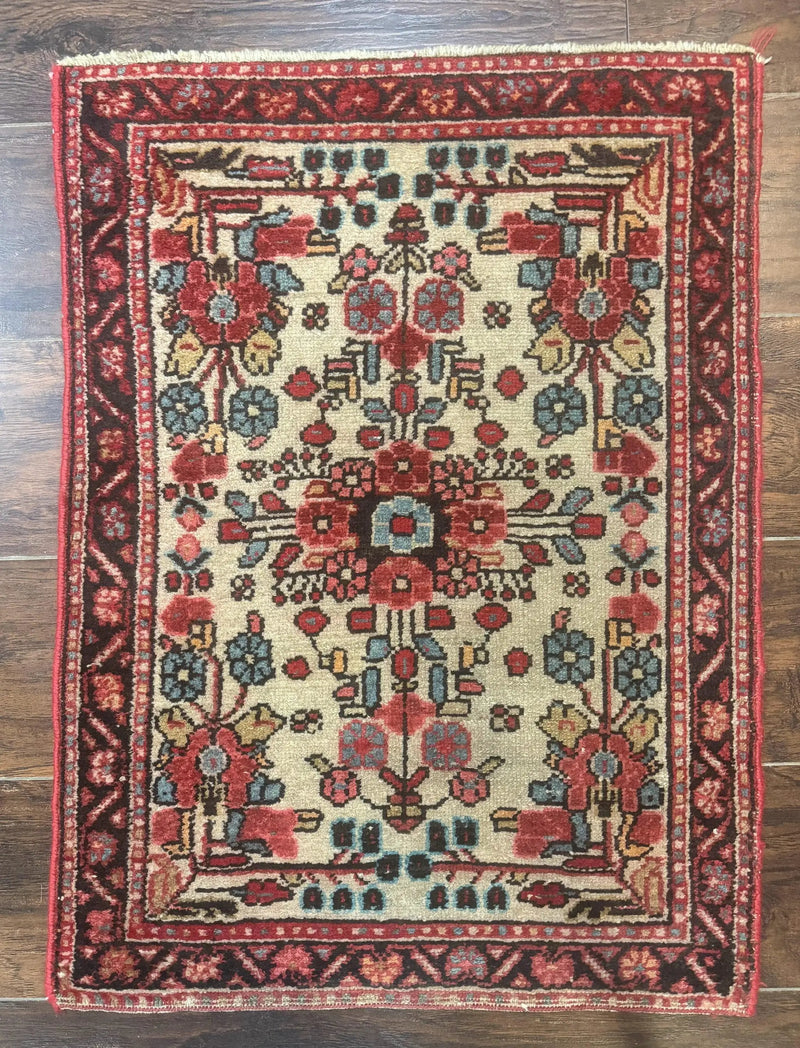 Small Antique Persian Rug 2x3, Beige and Red, Floral, Wool, Hamadan Rug by Jewel Rugs