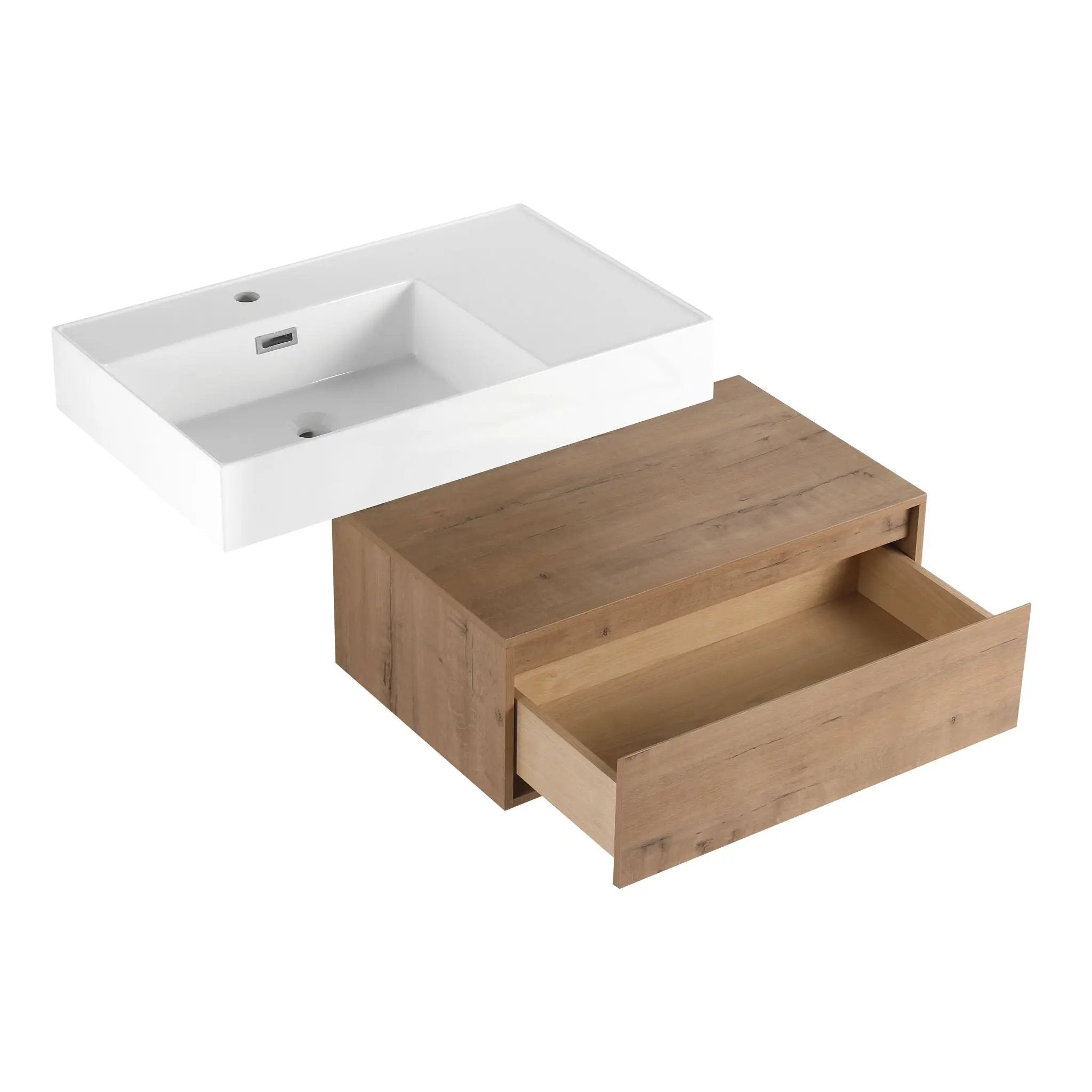 Modern Wall Mounted Bathroom Vanity With Resin Sink And Side Cabinet, Soft Close Drawer, Imitative - Imitative Oak by HouseOfZazla