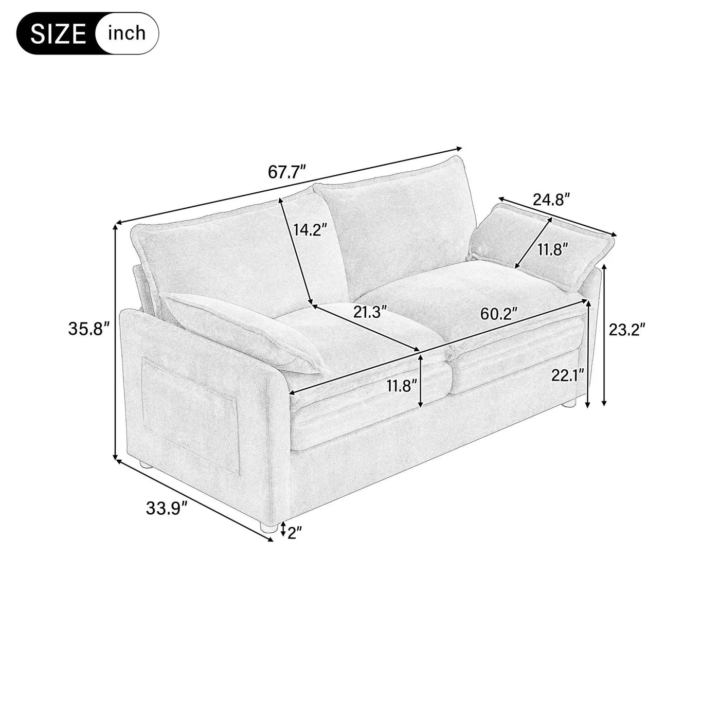 Modern Loveseat Sofa, Upholstered Couch With Side Storage Pockets by HouseOfZazla