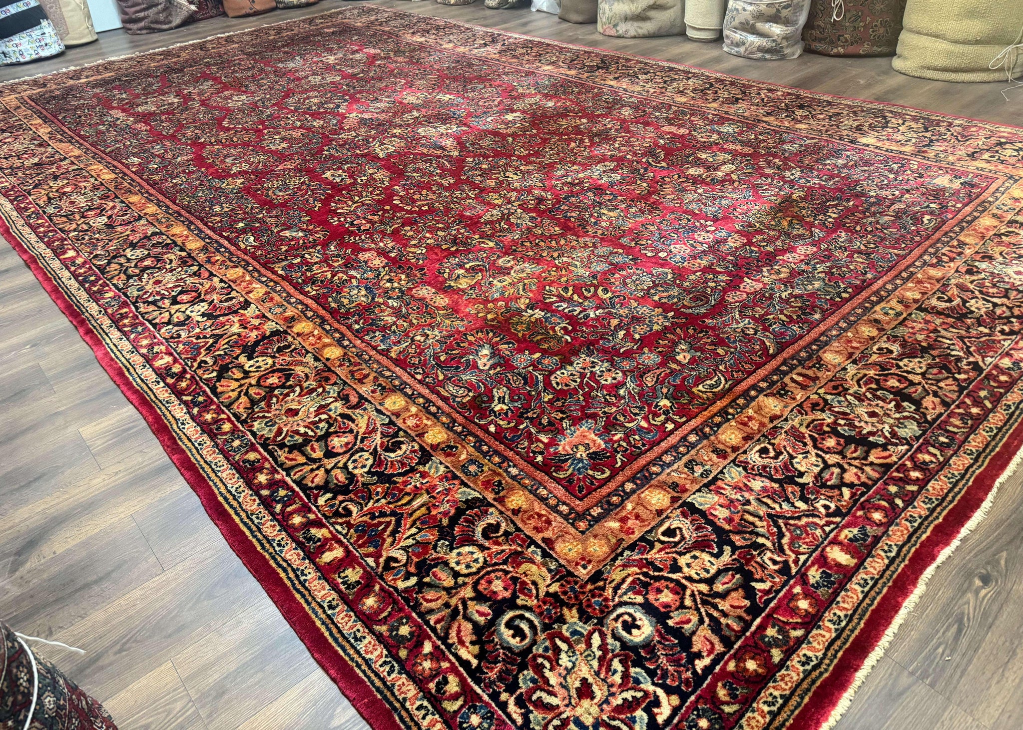 Persian Sarouk Rug 10x18, Palace Size Antique Persian Carpet, Wool, Red, Floral, Handmade Traditional Persian Rug, Extra Large Rug by Jewel Rugs