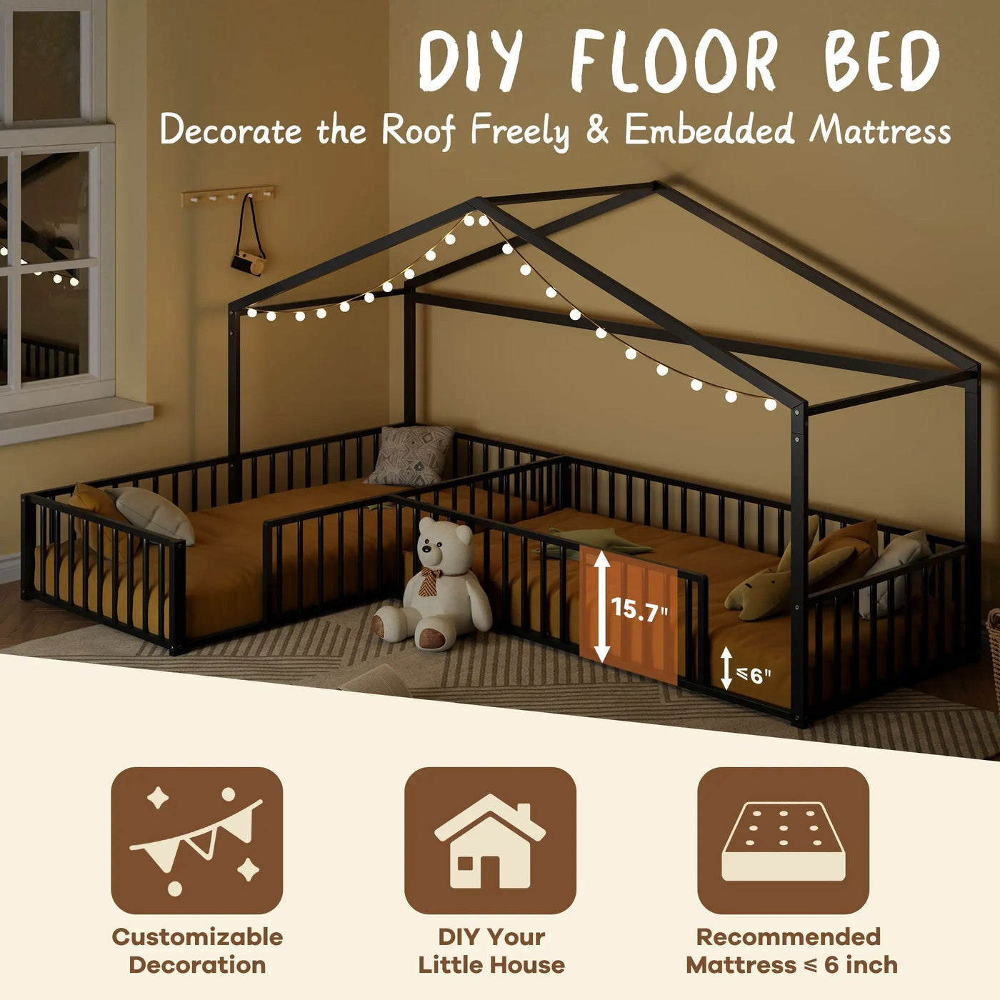 L-Shaped Montessori Bed For 2 Kids With Partitioned Fence by HouseOfZazla