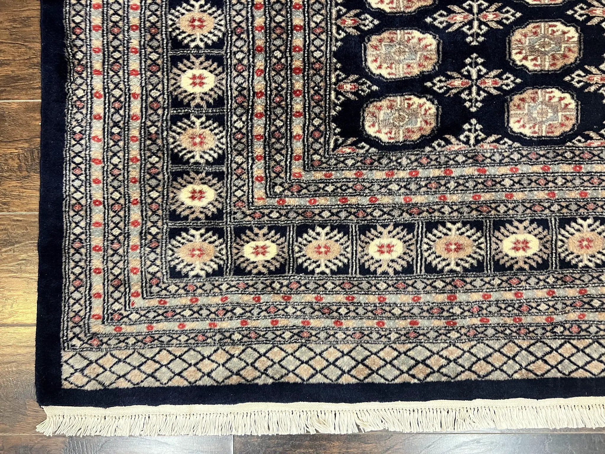 Pakistani Bokhara Rug 8x10, Turkoman Carpet, Dark Blue and Beige, Vintage Handmade Wool Carpet by Jewel Rugs