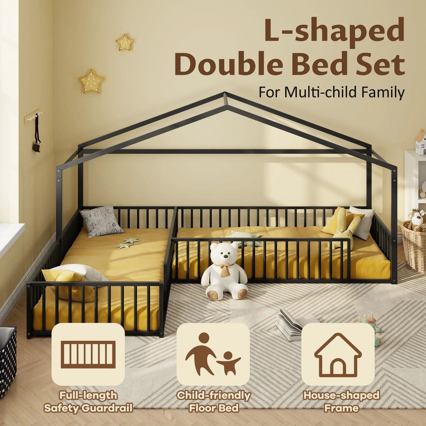 L-Shaped Montessori Bed For 2 Kids With Partitioned Fence by HouseOfZazla