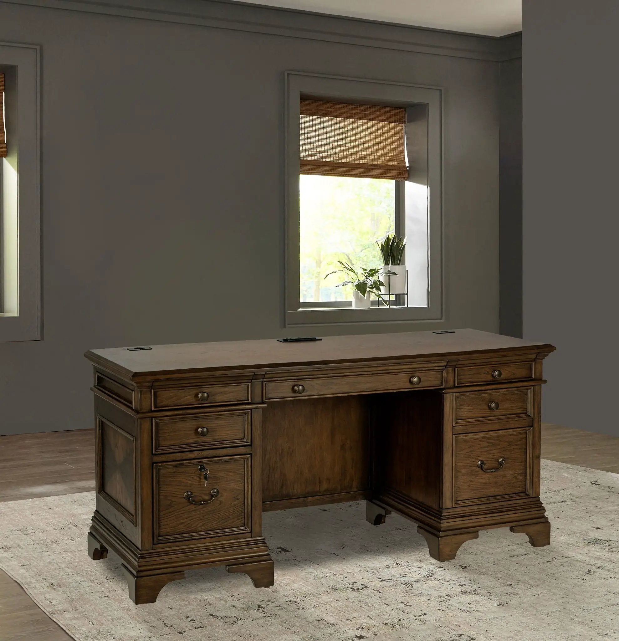 Hartshill 66-inch 5-drawer Credenza Office Desk Burnish Oak by Unique Piece Furniture
