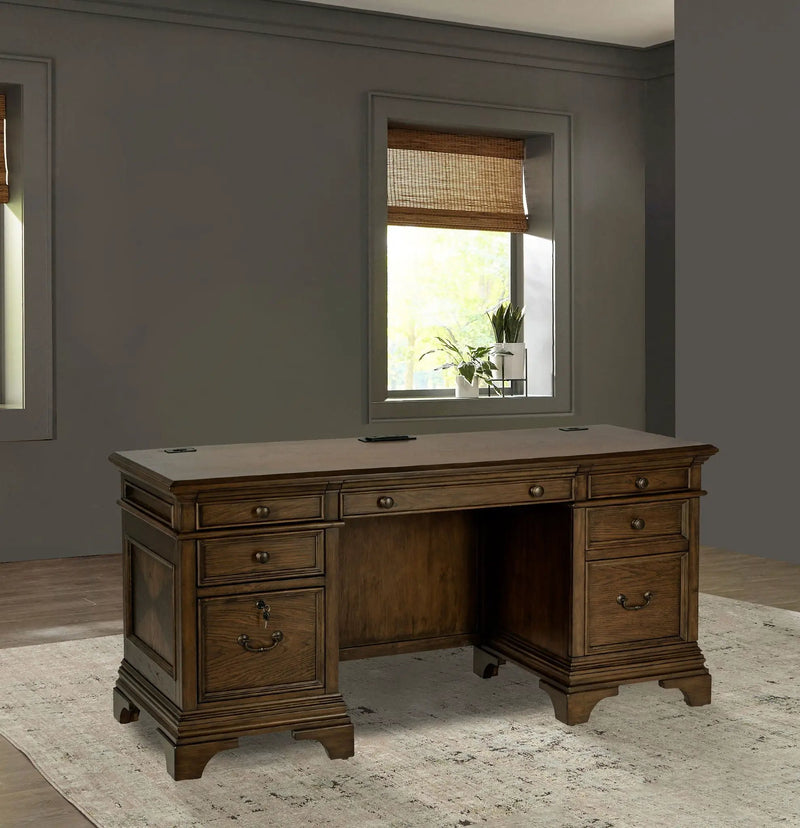 Hartshill 66-inch 5-drawer Credenza Office Desk Burnish Oak by Unique Piece Furniture