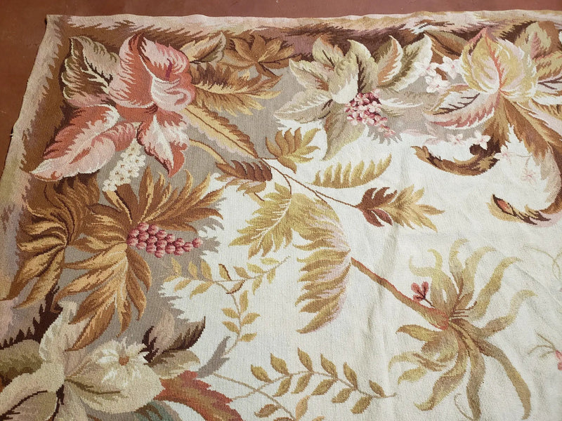 7' 7" x 9' 8" Needlepoint Rug Floral Beige Flat Weave Carpet 8x10 Handmade New Area Rug by Jewel Rugs