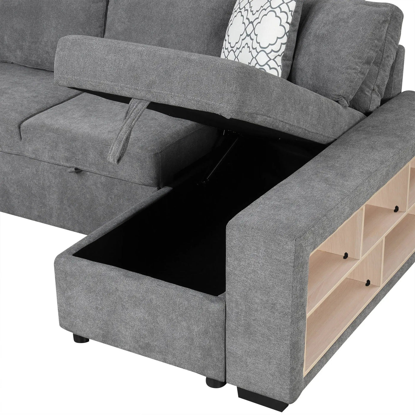 U-Shaped Sectional Sofa Pull-Out Sofa Bed With Two USB Ports, A Storage Chaise Lounge And Four Back Pillows For Living Room by HouseOfZazla