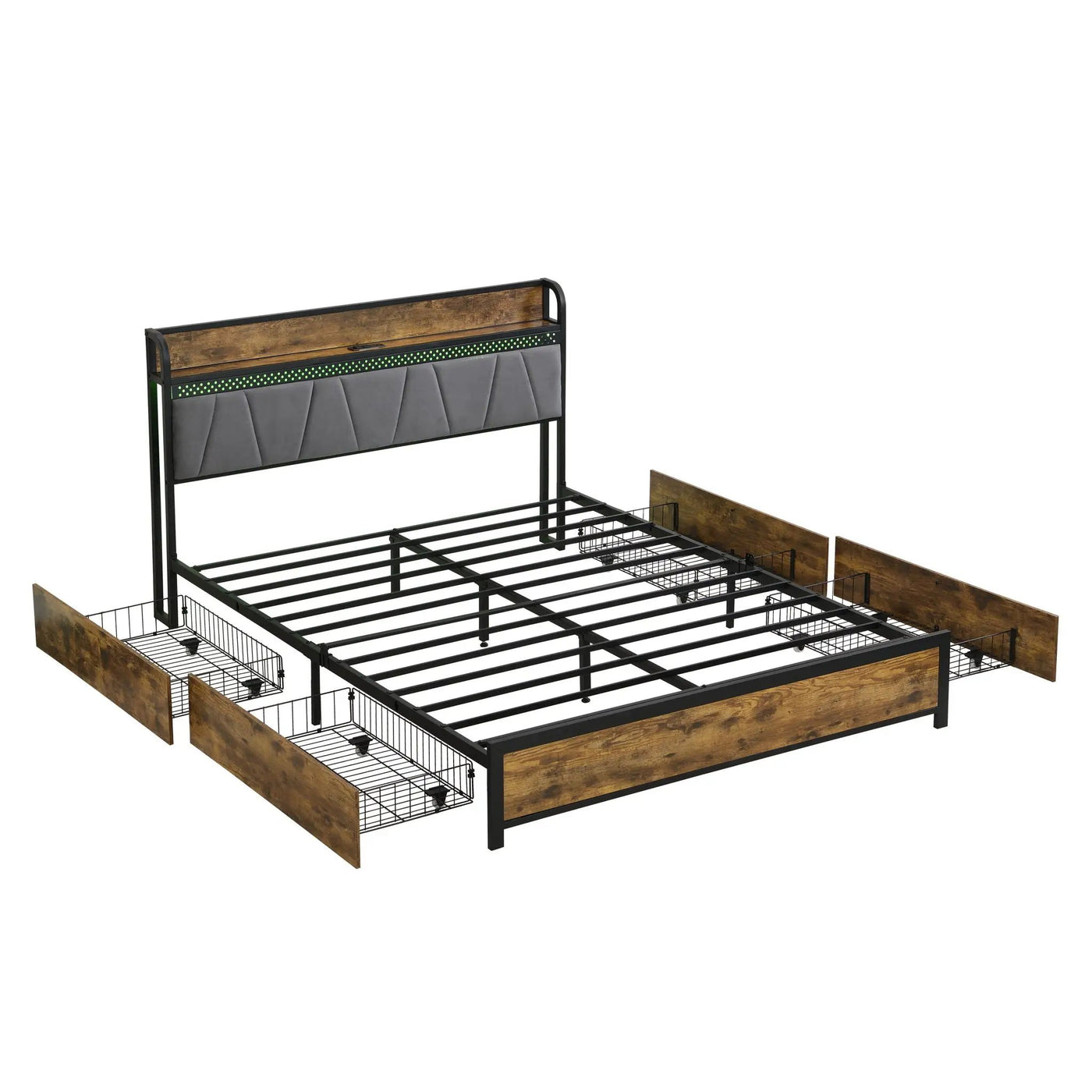 Modern Bed Frame With LED Lights, Upholstered Headboard, USB Charging by HouseOfZazla