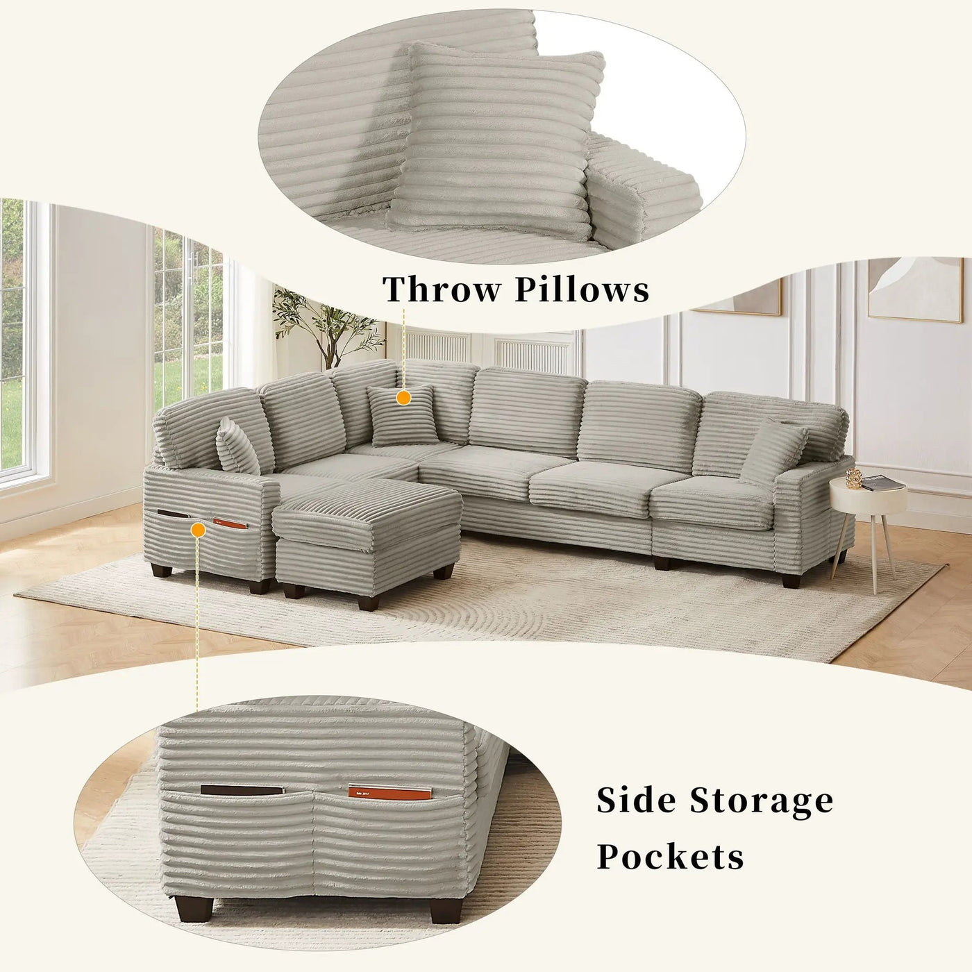 Upholstered U-Shaped Sectional Sofa With Movable Ottoman And Side Storage Pockets by HouseOfZazla
