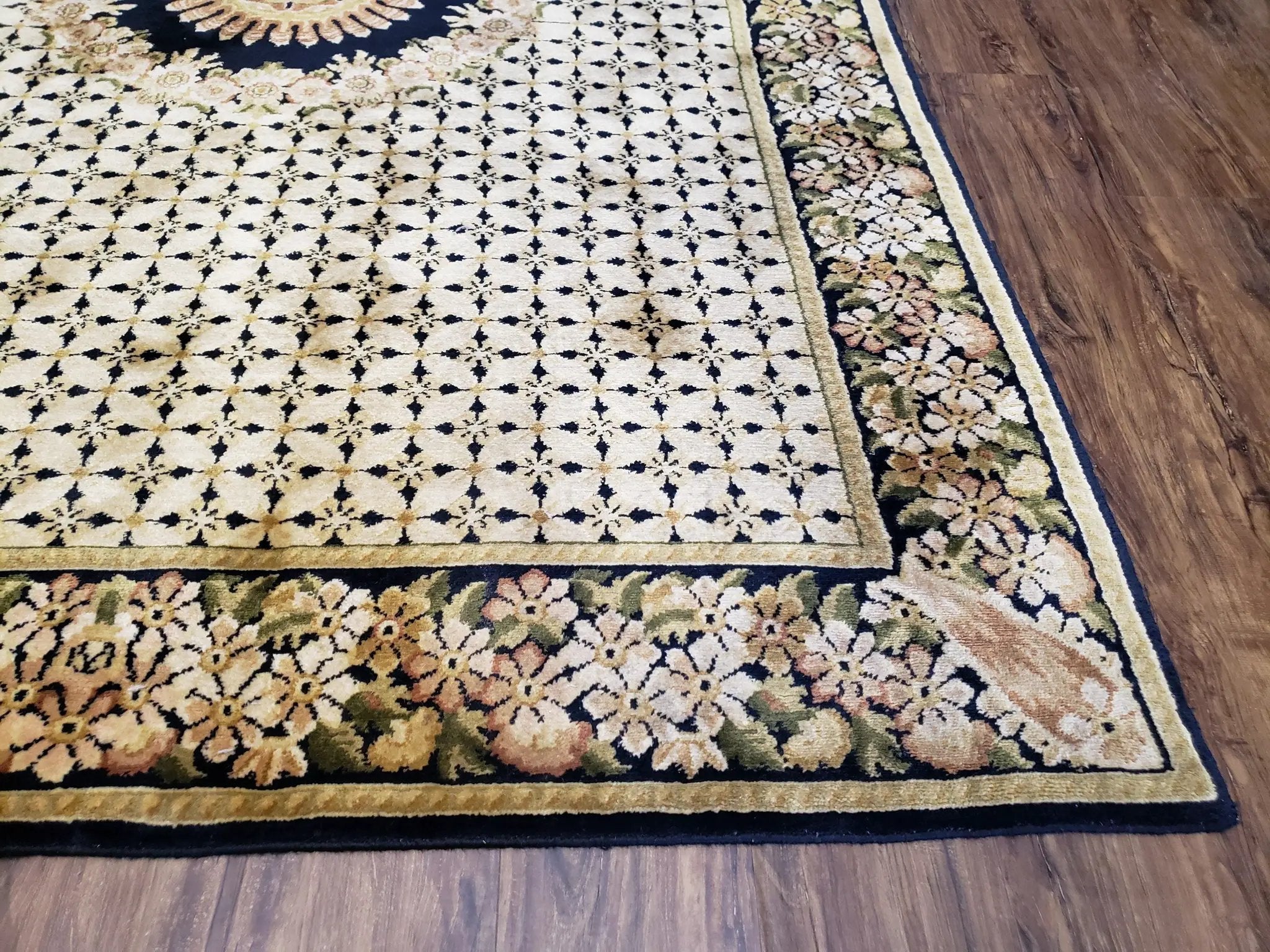 Indian Rug with Tibetan Weave, 6x8 - 6x9 Rugs, Indo-Tibetan Rug, Black and Cream Beige Tan, Floral Border, Soft Rug, Handmade Area Rug, Wool by Jewel Rugs