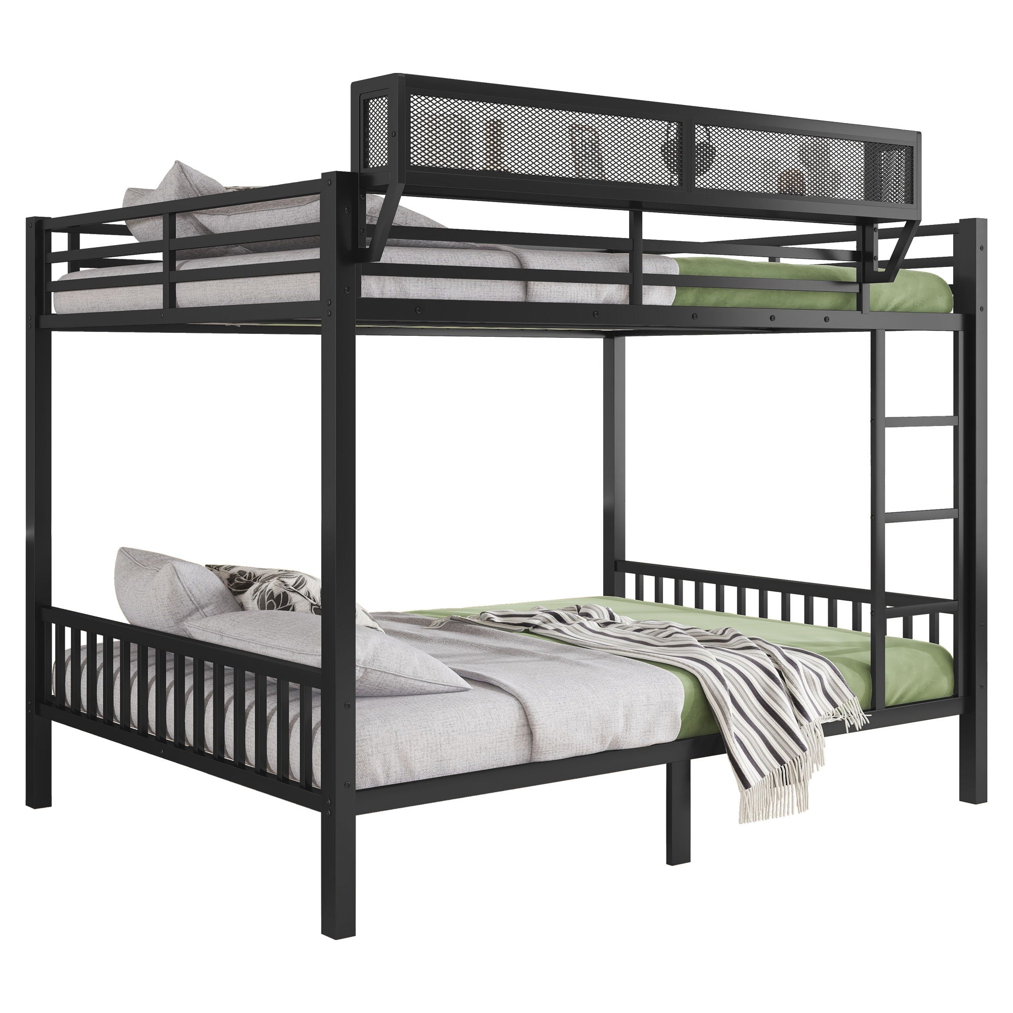 Queen Over Queen Bunk Bed With Ladder And Storage Shelf - Black by HouseOfZazla