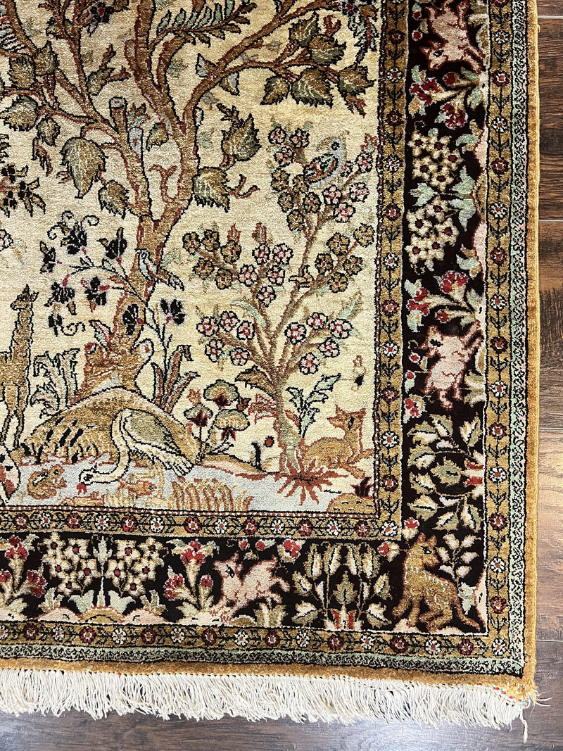 Silk Tree of Life Persian Qum Rug 3x4, Hand Knotted Vintage Carpet, Cream & Black, Very Fine Oriental Rug, Animal Pictorials, Birds by Jewel Rugs