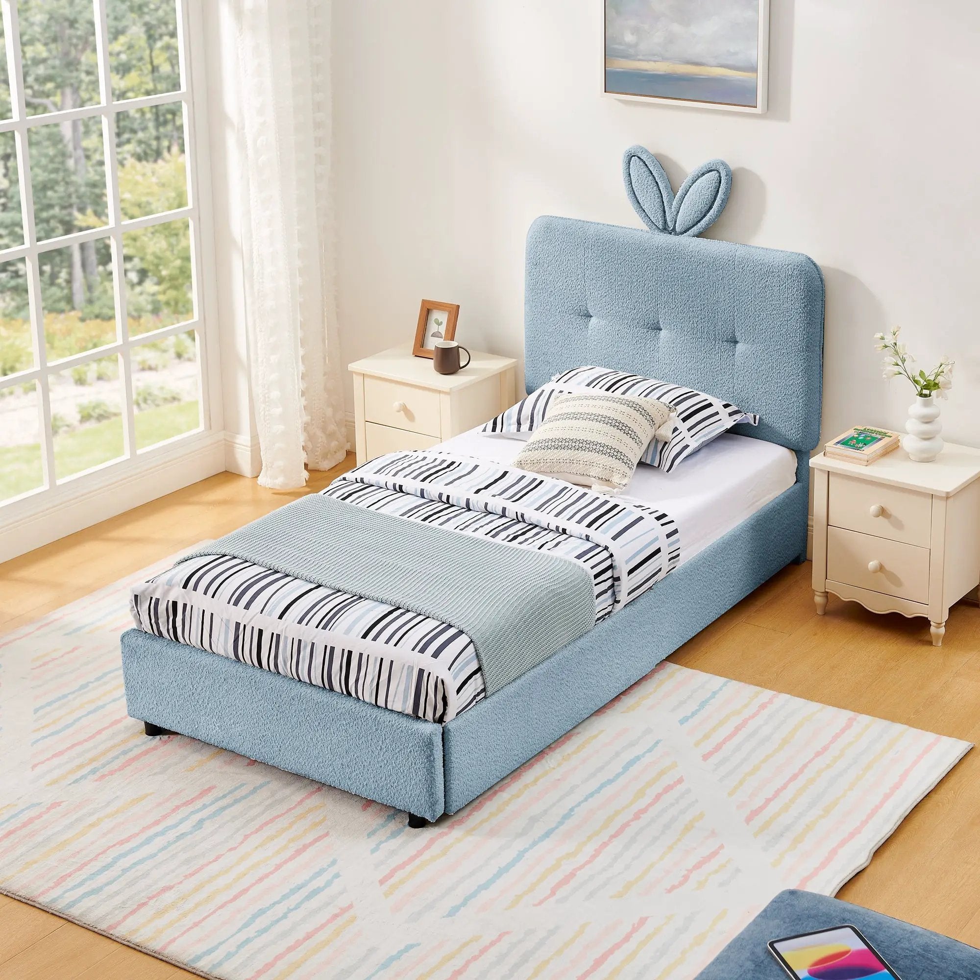 Twin Size Kids Upholstered Bed with Oversized Rabbit Ear Headboard by HouseOfZazla