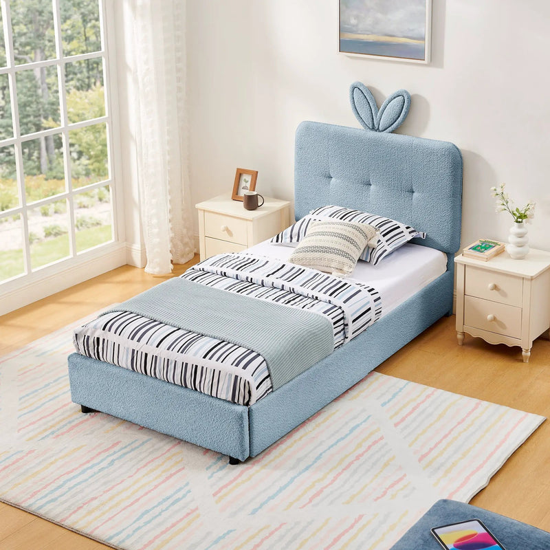 Twin Size Kids Upholstered Bed with Oversized Rabbit Ear Headboard by HouseOfZazla