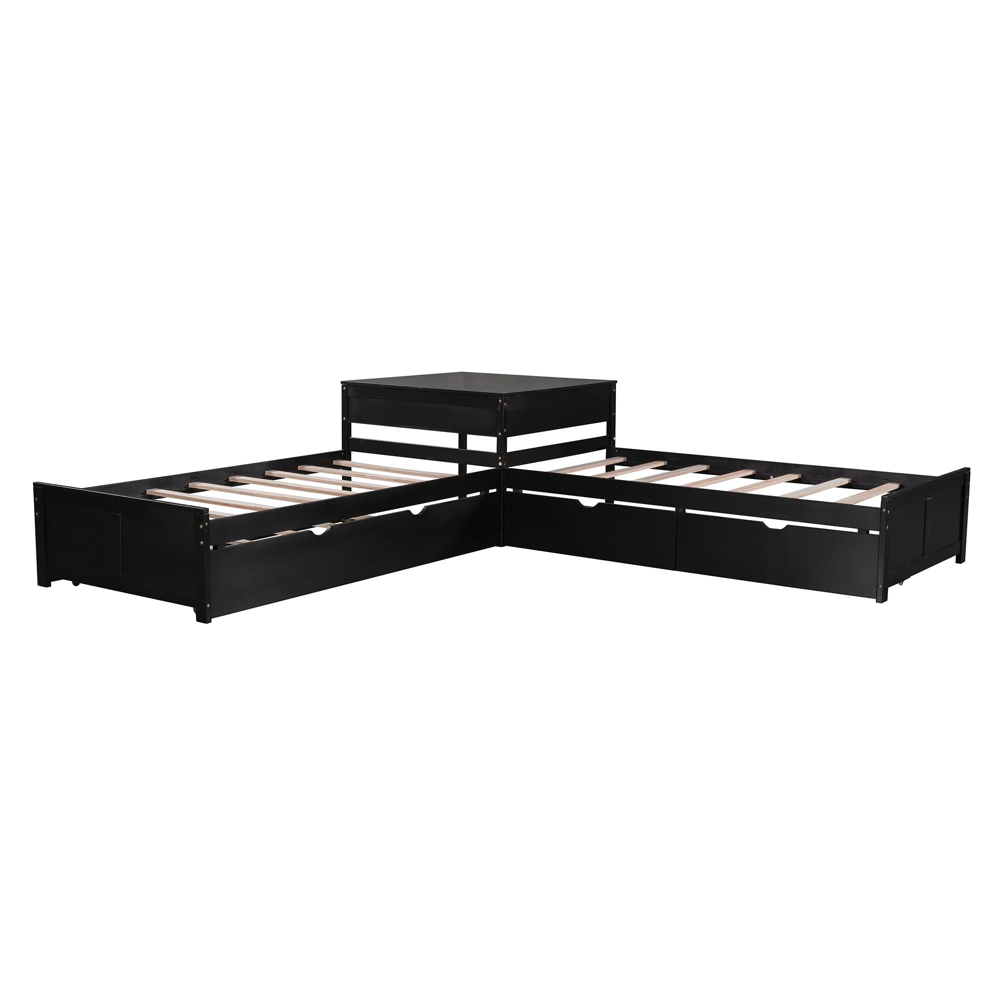 L Shaped Platform Bed With Trundle And Drawers Linked With Built In Desk by HouseOfZazla