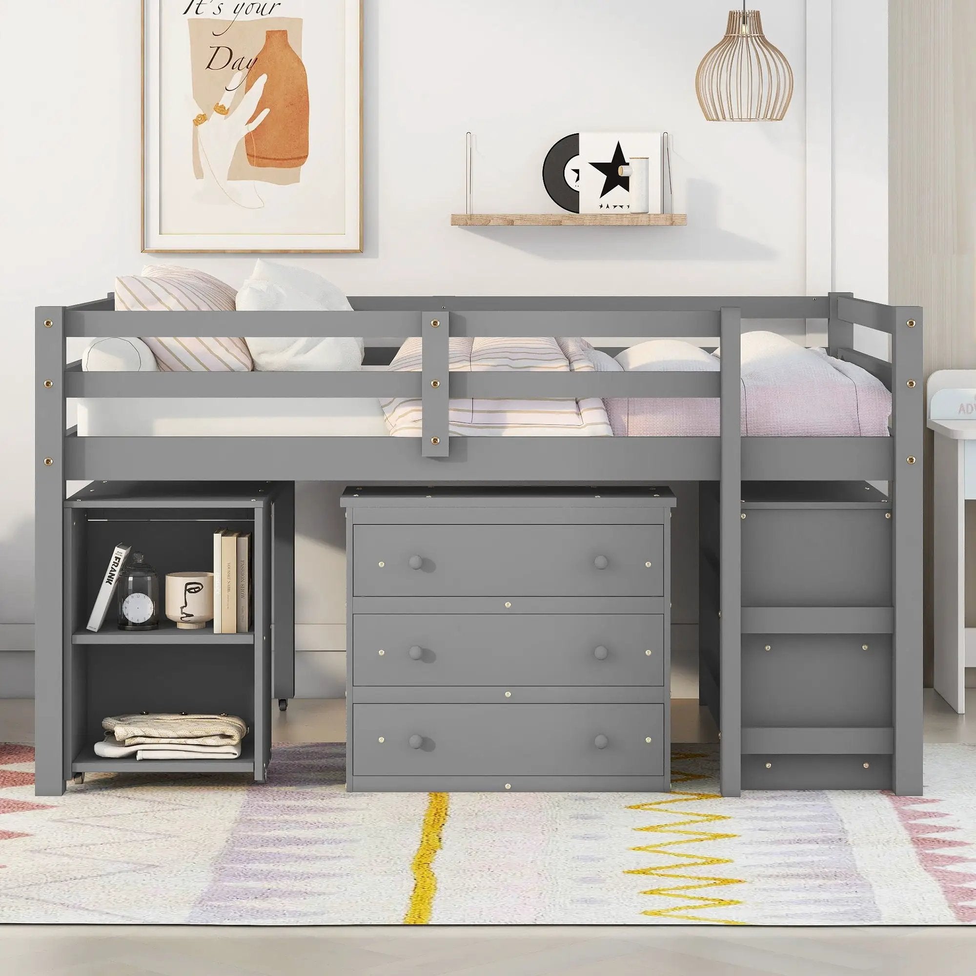 Loft Low Study Bed With Cabinet, Shelves And Rolling Portable Desk, Multiple Functions by HouseOfZazla