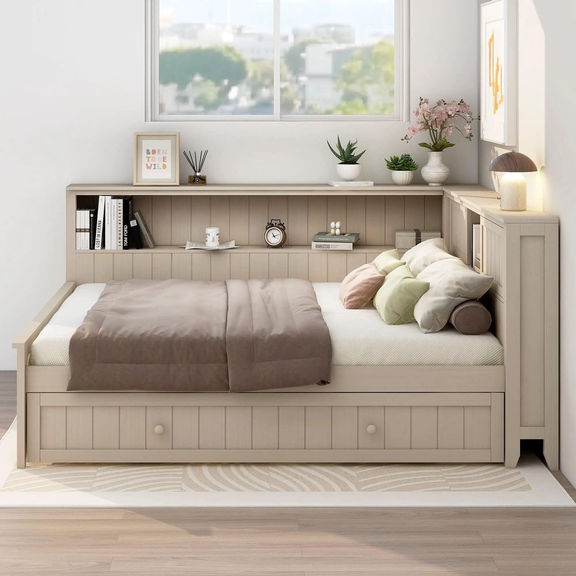 Full Size Daybed With Storage Shelves And Trundle - Ancient White by Unique Piece Furniture