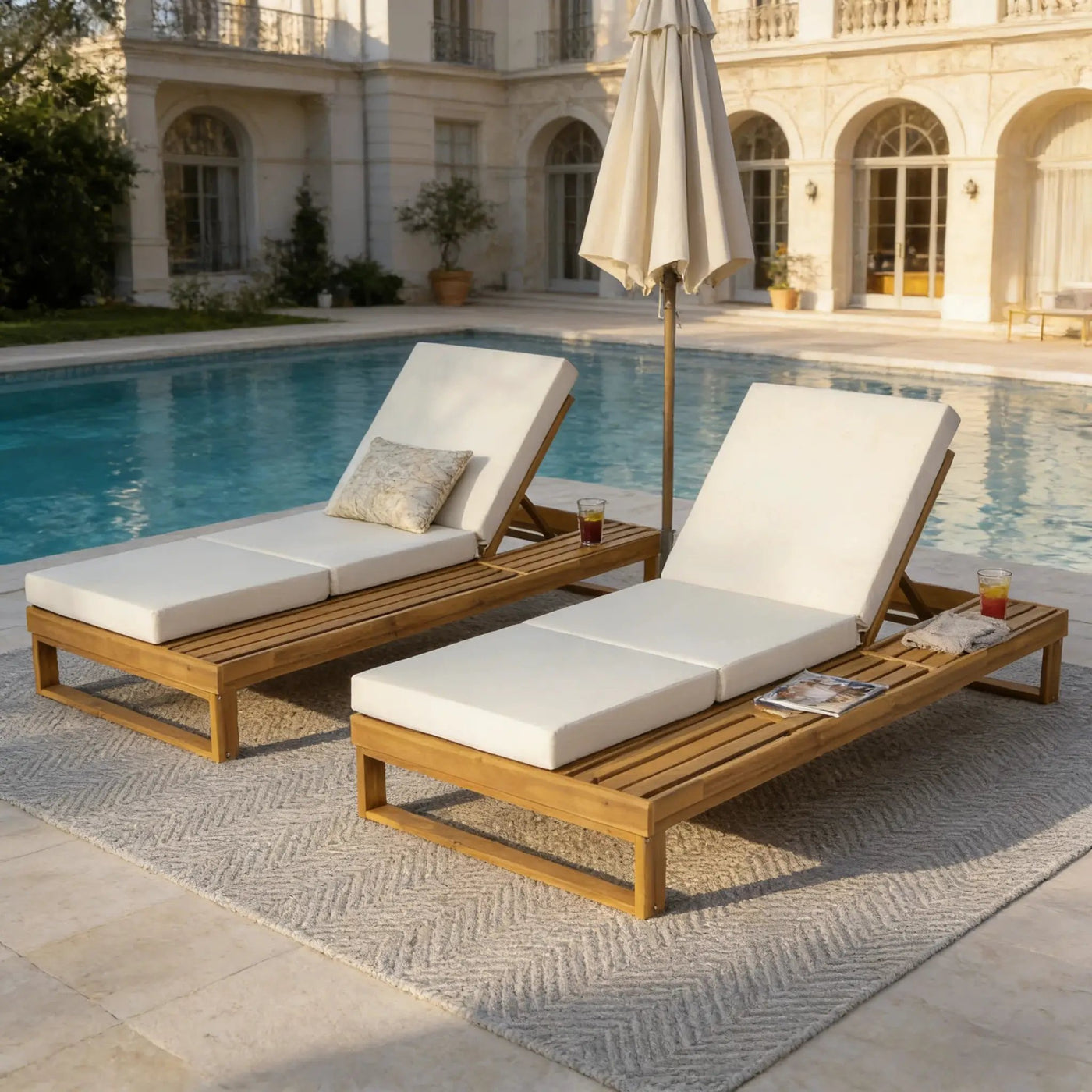 Teak Finish Acacia Wood Chaise Lounge with 4-Inch Cushion by HouseOfZazla