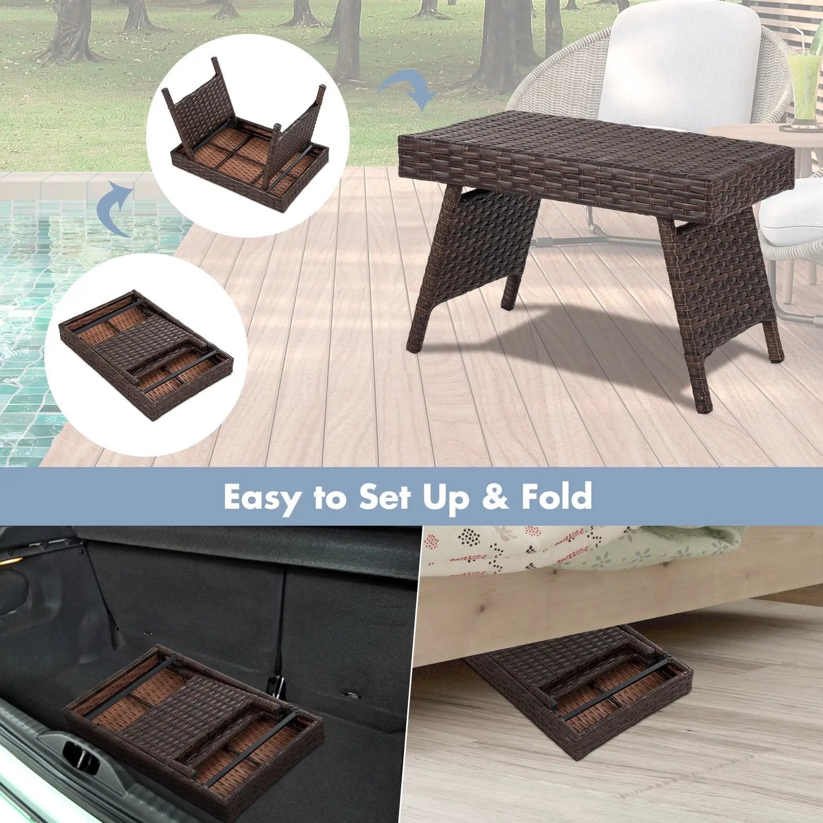 Folding PE Rattan Side Coffee Table Patio Garden Furniture by DirectDeals