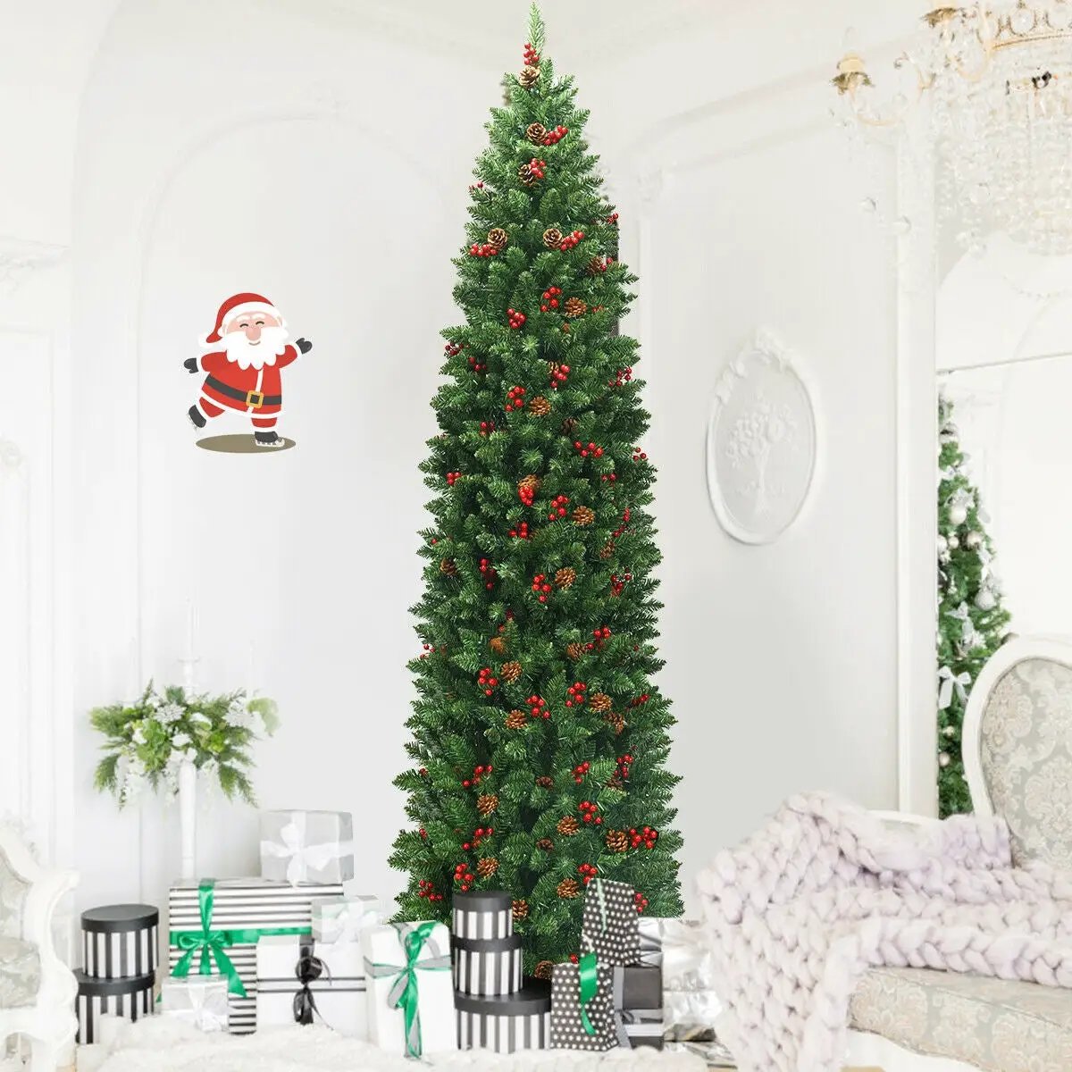 7.5 Feet Pre-lit Hinged Pencil Christmas Tree with Pine Cones Red Berries by DirectDeals