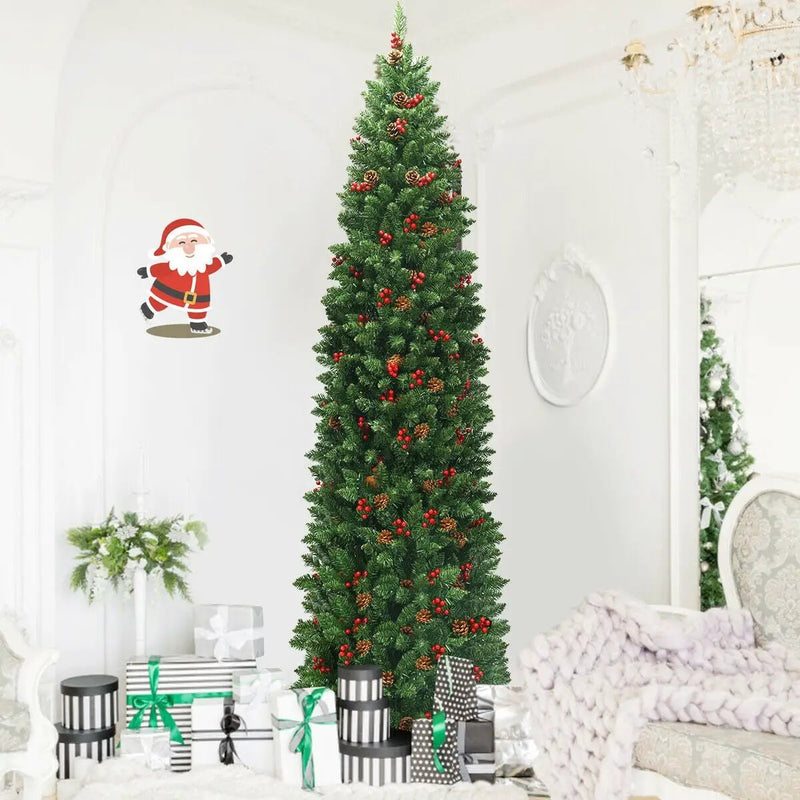 7.5 Feet Pre-lit Hinged Pencil Christmas Tree with Pine Cones Red Berries by DirectDeals