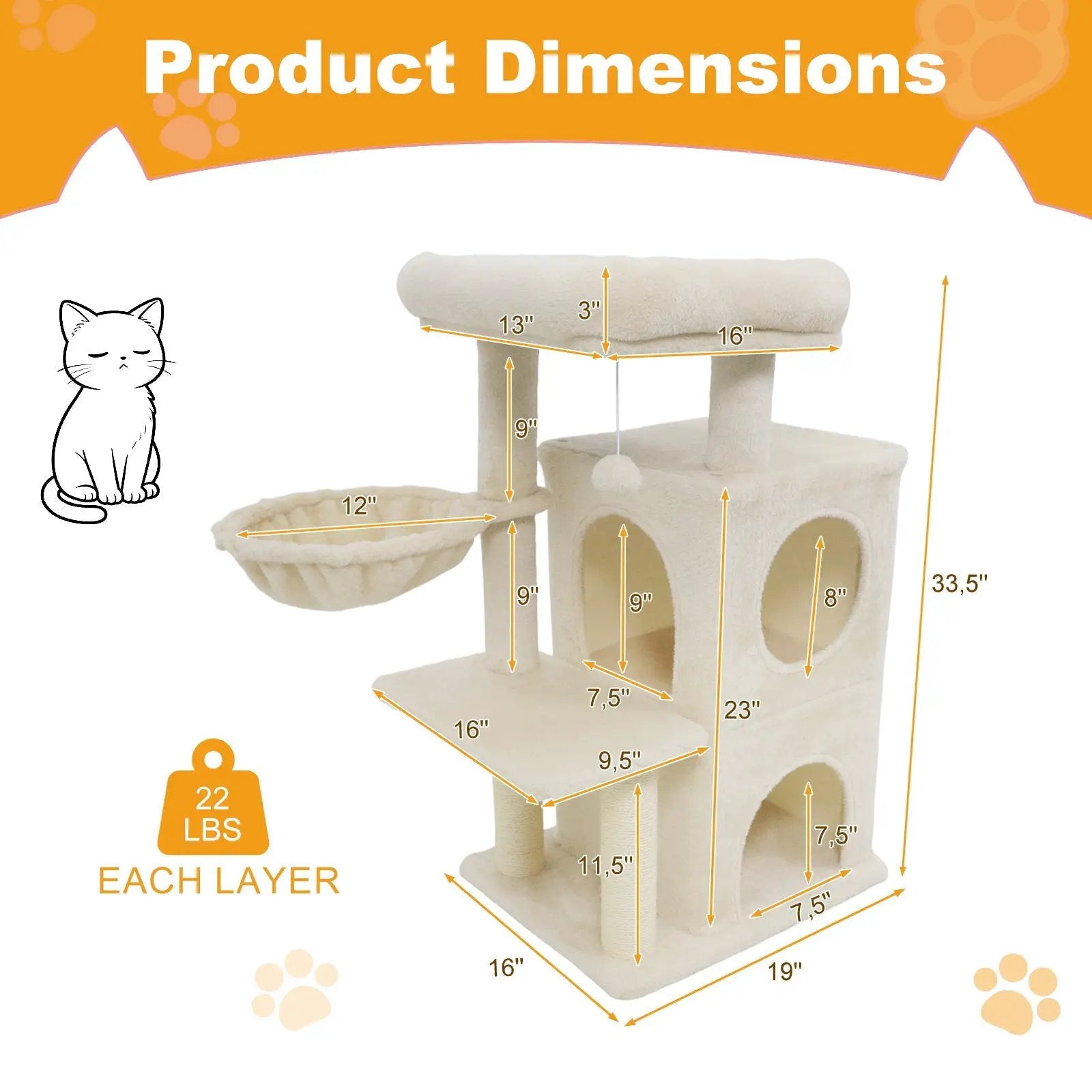 33.5 Inch Cute Kitten Tower with 2-Tier Condo and Padded Top Perch by DirectDeals