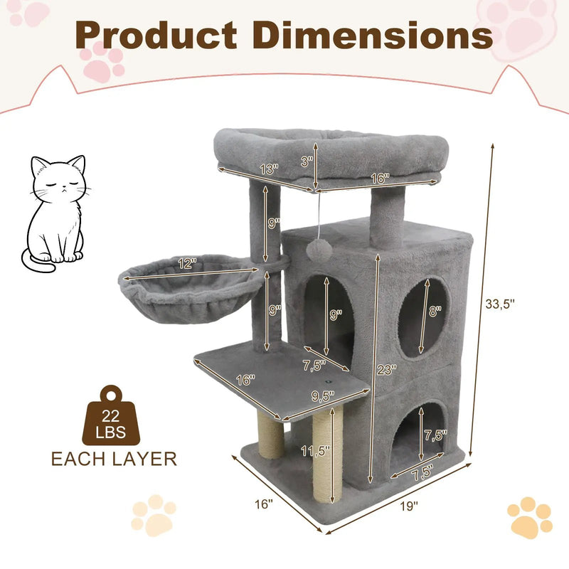 33.5 Inch Cute Kitten Tower with 2-Tier Condo and Padded Top Perch by DirectDeals