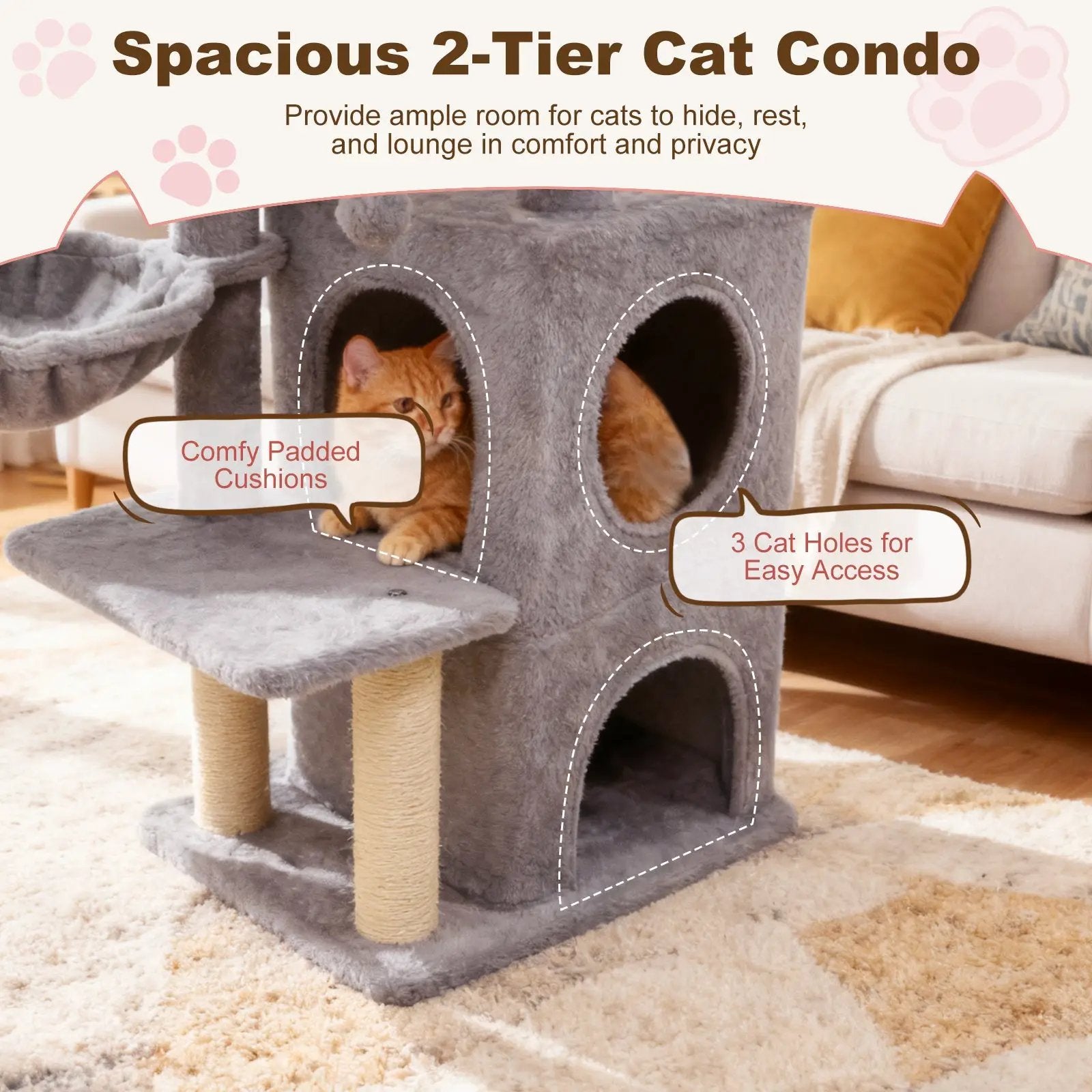 33.5 Inch Cute Kitten Tower with 2-Tier Condo and Padded Top Perch by DirectDeals