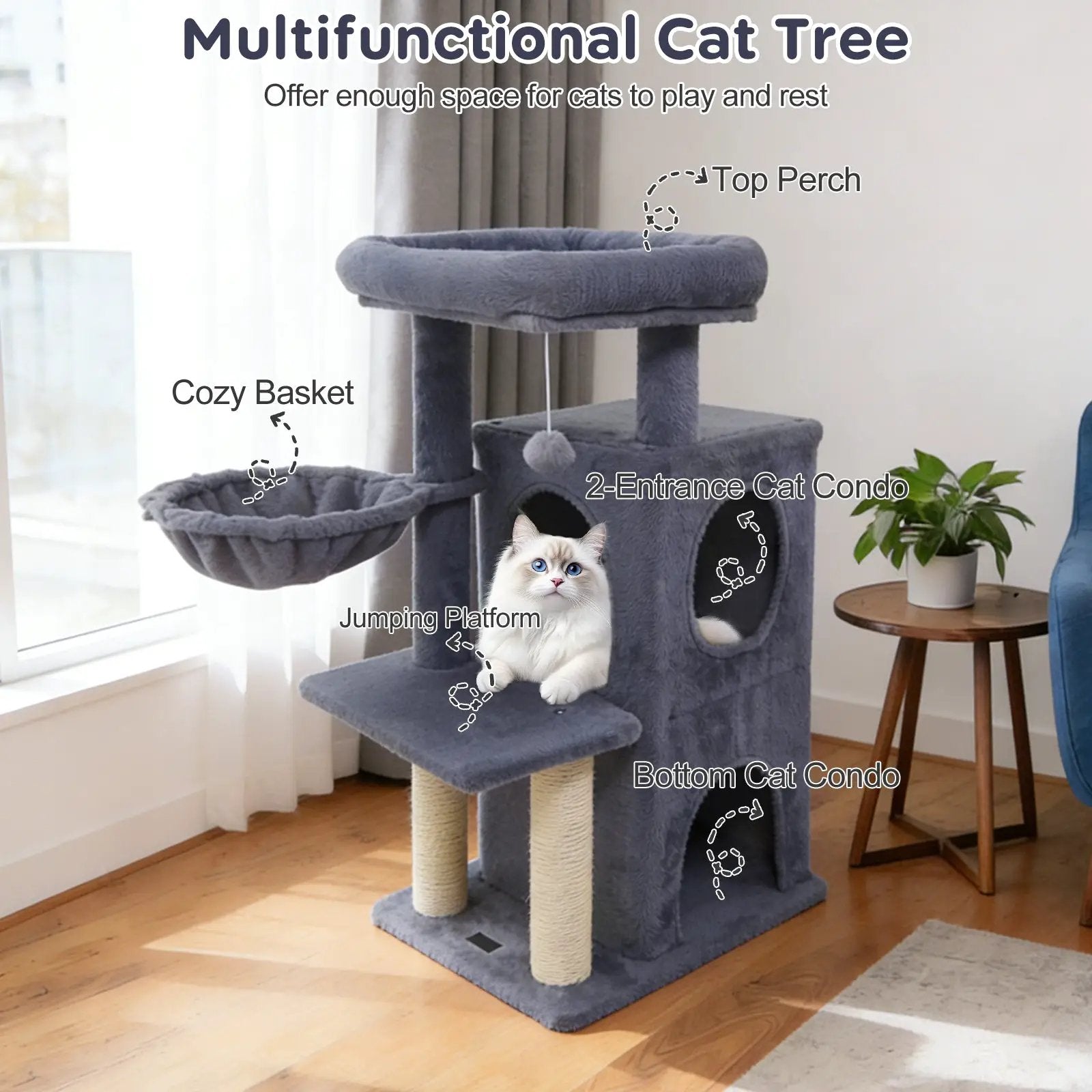 33.5 Inch Cute Kitten Tower with 2-Tier Condo and Padded Top Perch by DirectDeals
