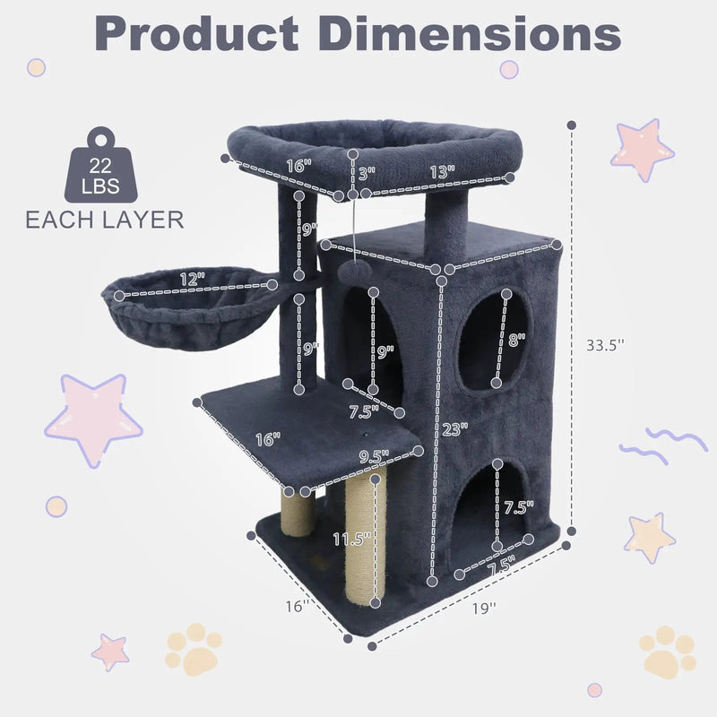 33.5 Inch Cute Kitten Tower with 2-Tier Condo and Padded Top Perch by DirectDeals