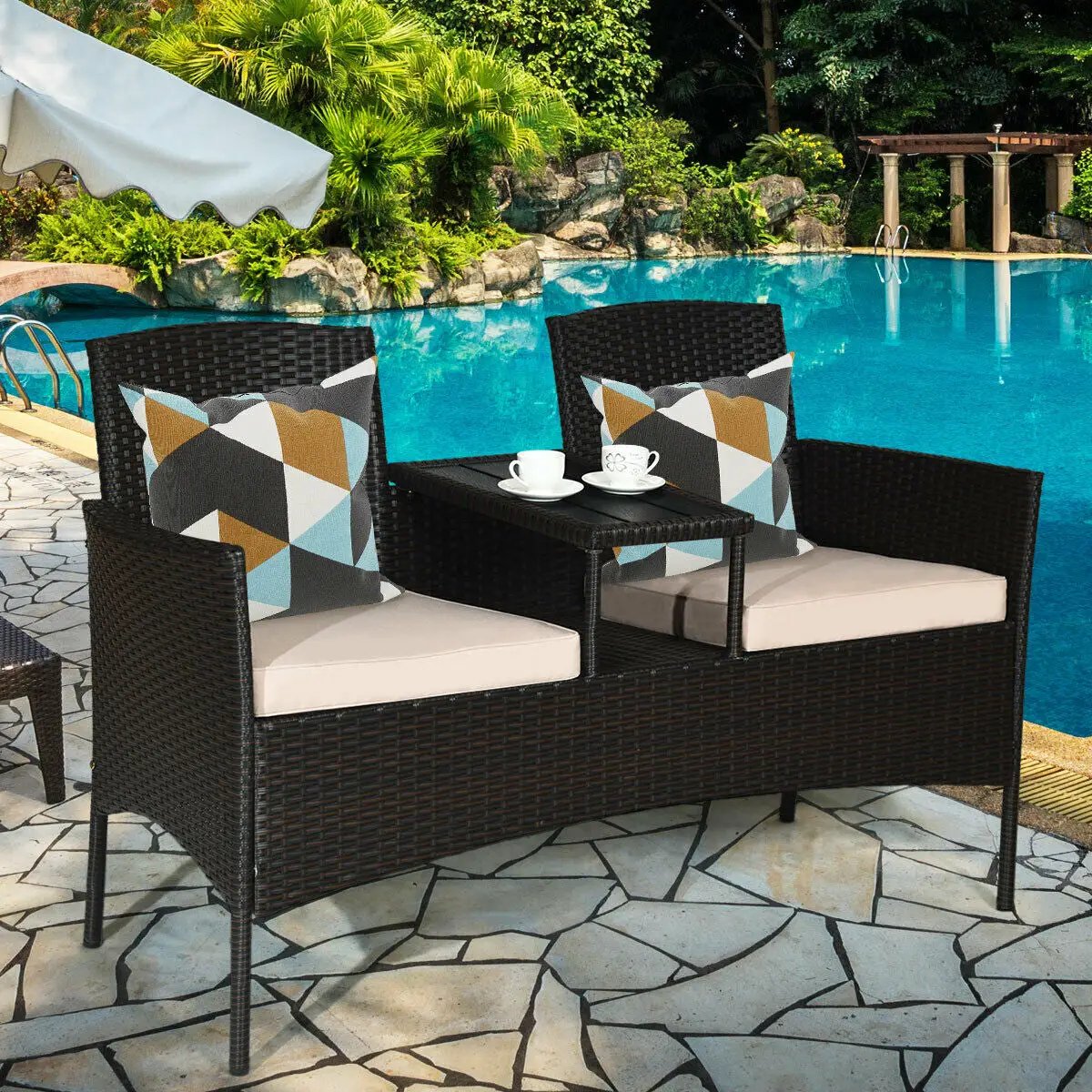Modern Patio Conversation Set with Built-in Coffee Table and Cushions by DirectDeals