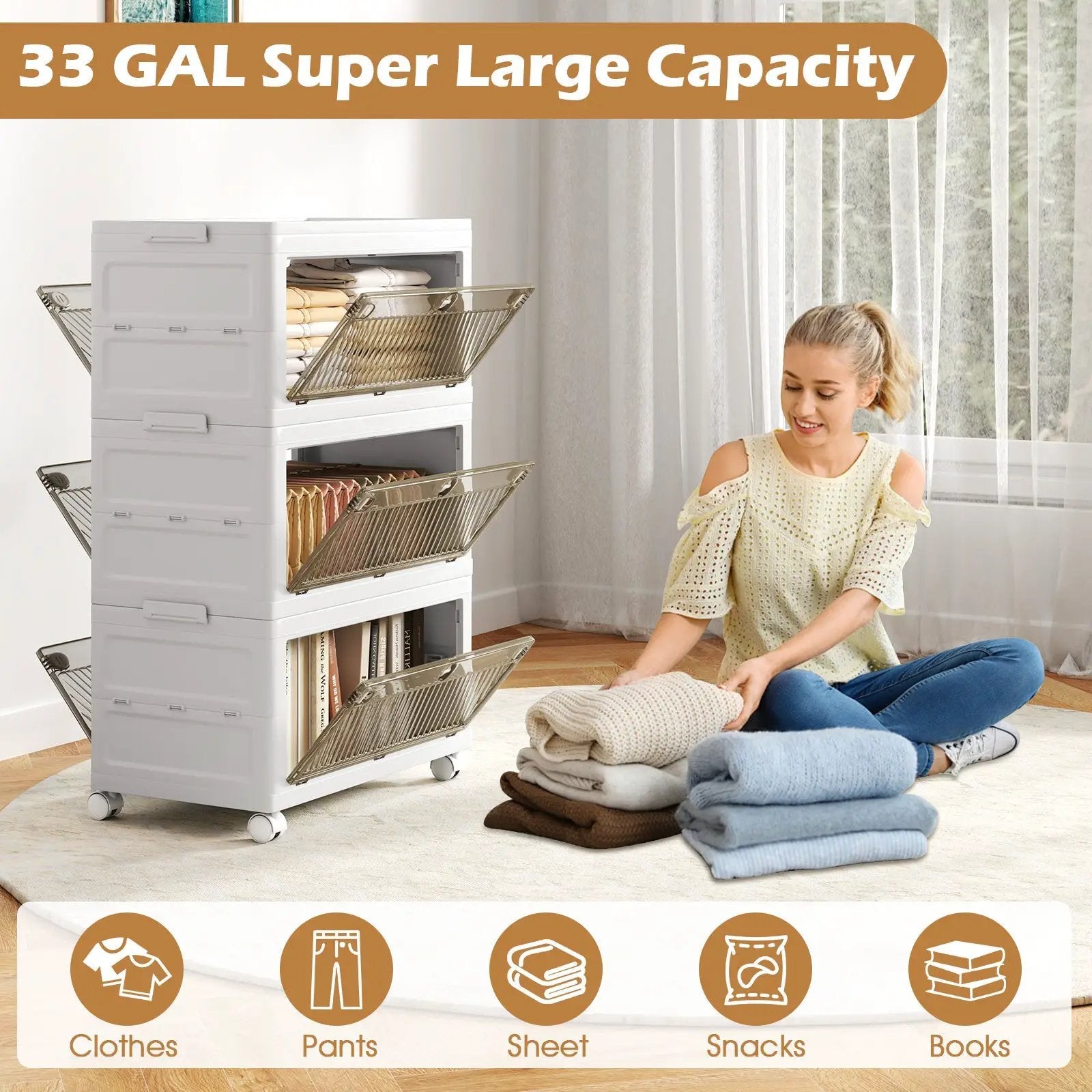 33 Gal 3-Pack Stackable Plastic Storage Bins with Lid for Bedroom Living Room-White by DirectDeals