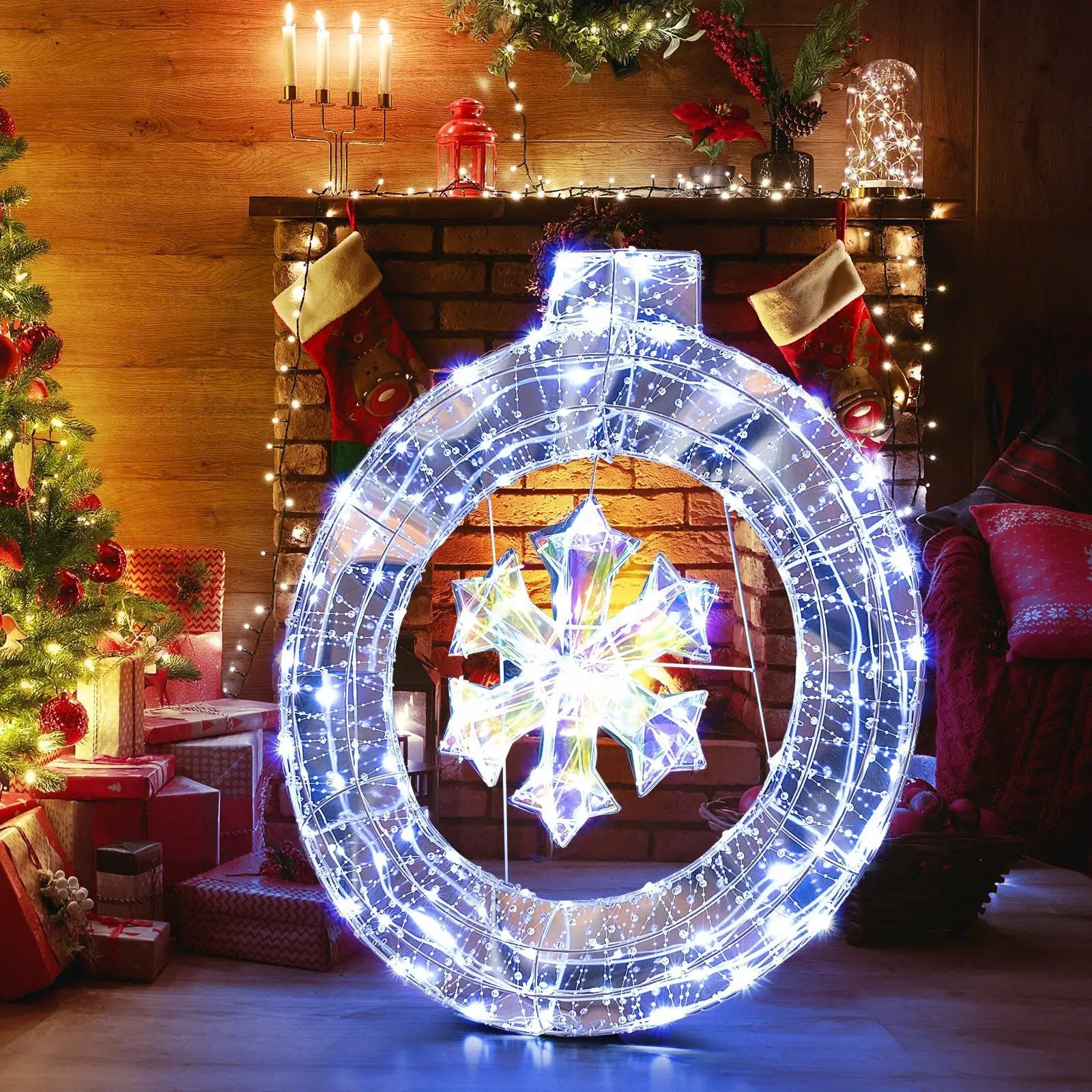 33 Inch Lighted Snowflake Wreath with Hanging Ring and Support Bracket by DirectDeals