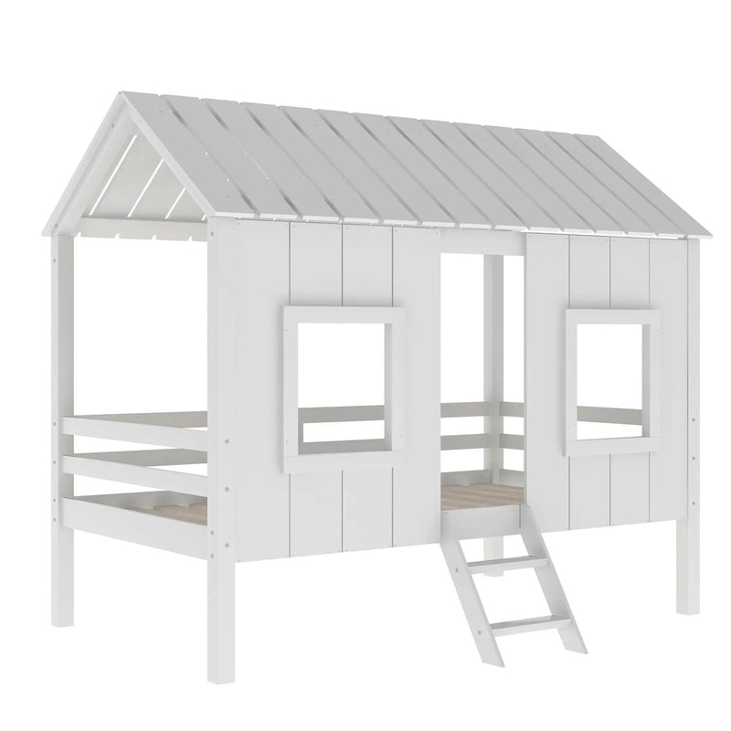 Twin Size Low Loft House Bed With Roof And 2 Front Windows - White by HouseOfZazla