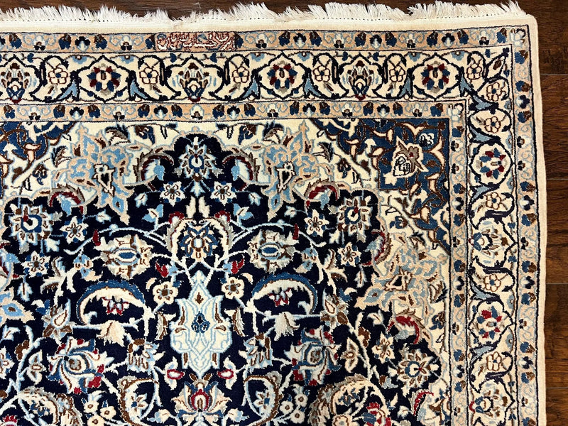 Persian Nain Rug 4x6, Floral, Hand Knotted Vintage Wool & Silk Highlights, Signature from Masterweaver, Navy Blue and Ivory by Jewel Rugs