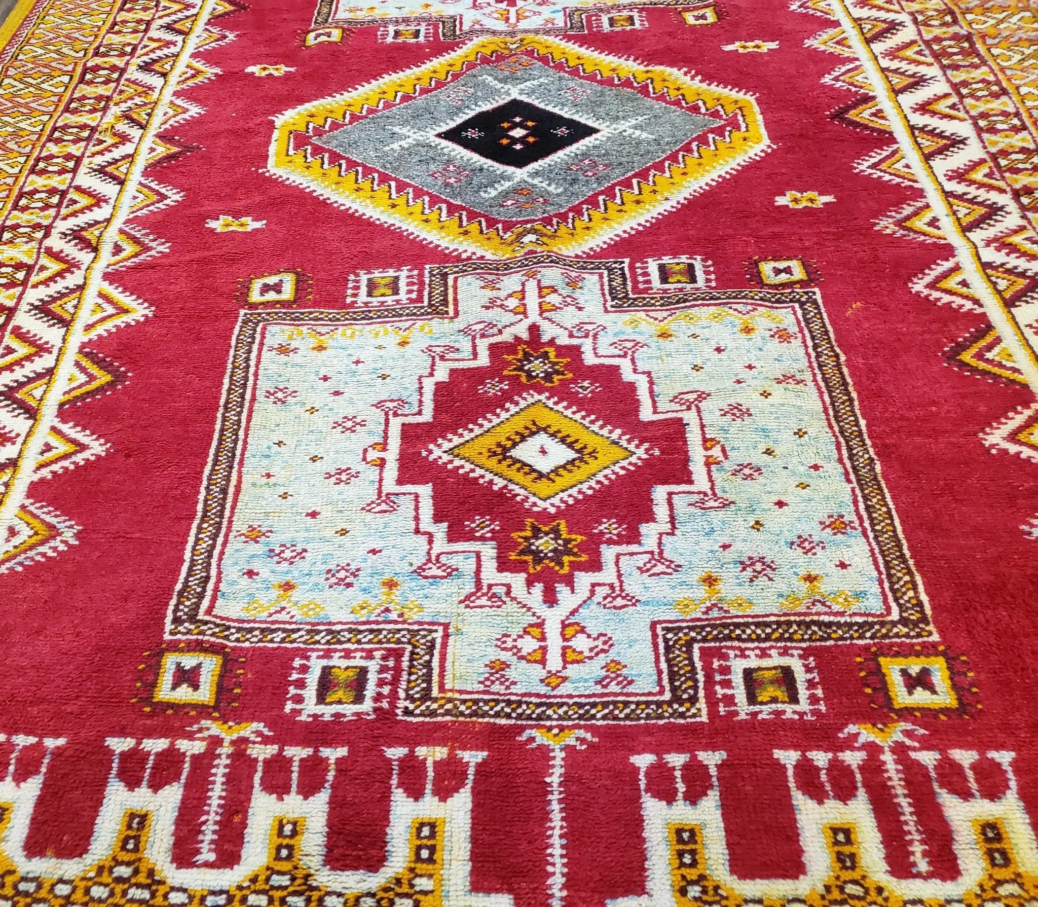 Vintage Moroccan Rug 6x10, Red and Yellow Moroccan Carpet, Handmade Bohemian Tribal Area Rug, Hand-Knotted 1970s Wool Rug, Medalions by Jewel Rugs