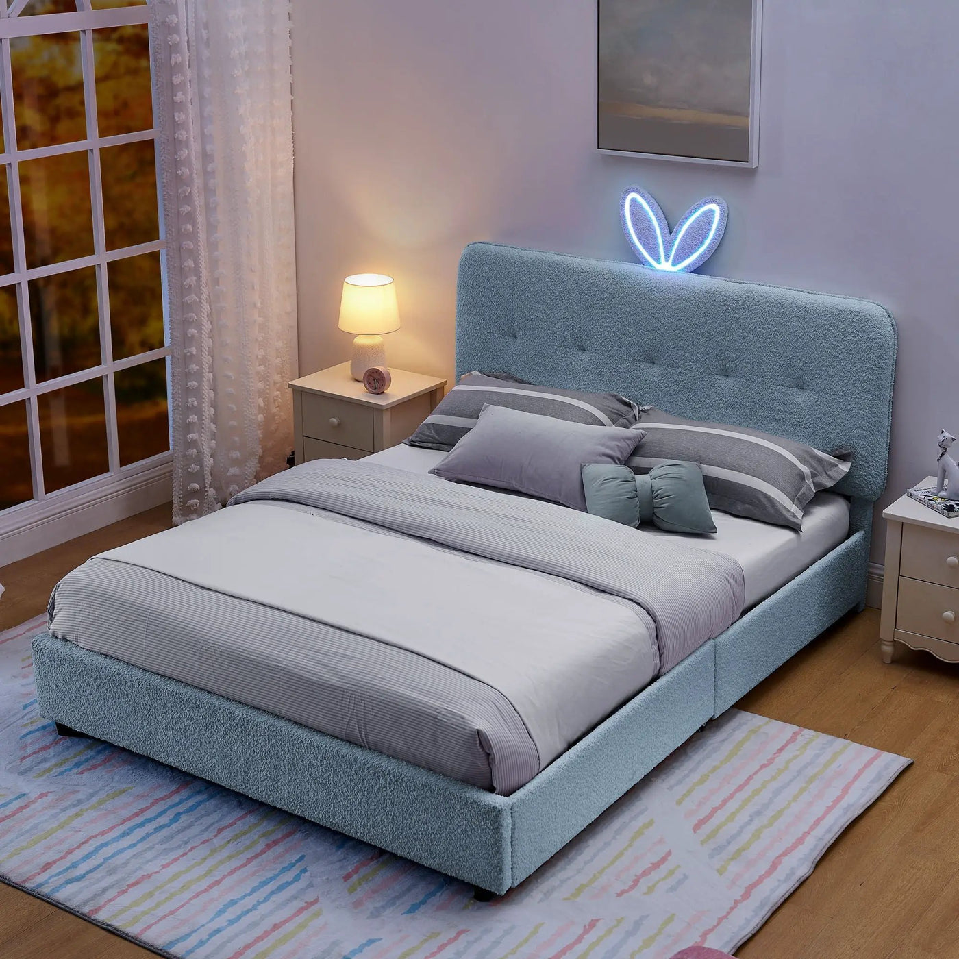 Upholstered Bed With Oversized Rabbit Ear Headboard, LED Lights & 4 Storage Drawers by HouseOfZazla