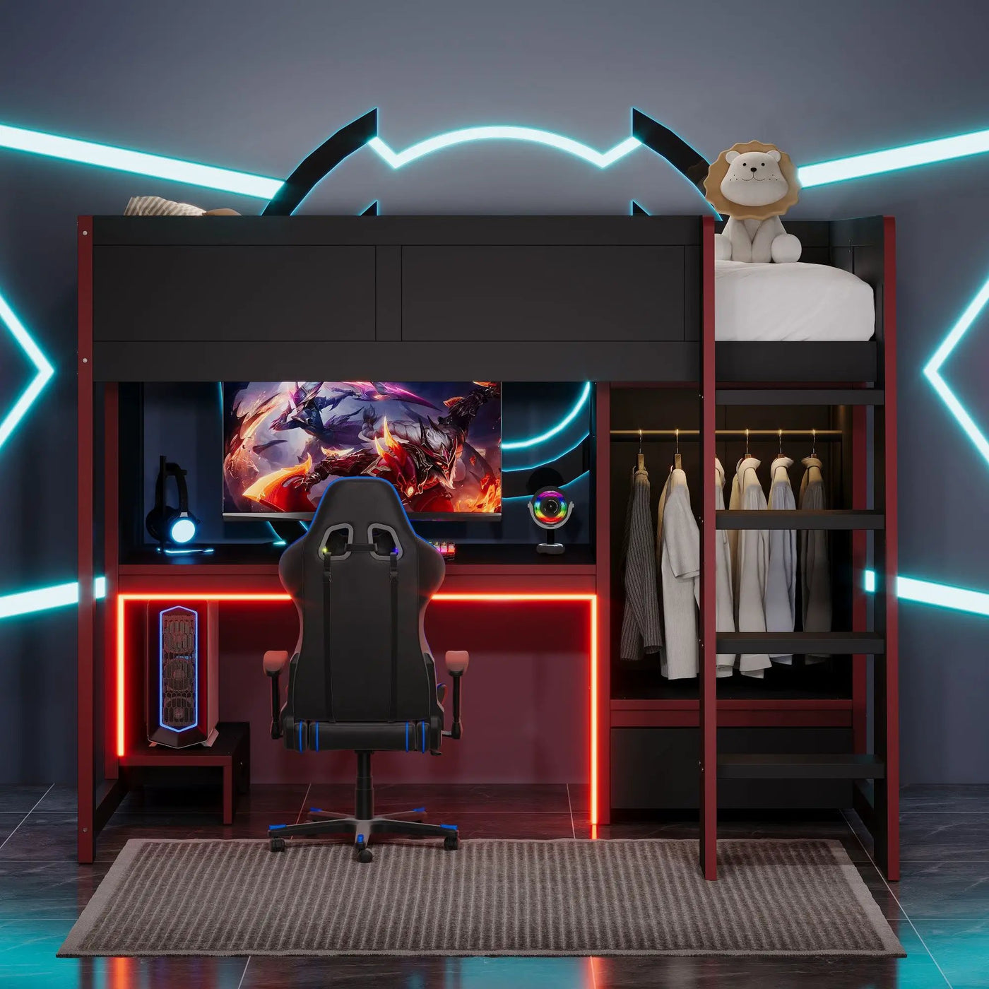 Gaming Loft Bed With Built In Desk, Wardrobe, LED Lighting And Drawer by HouseOfZazla